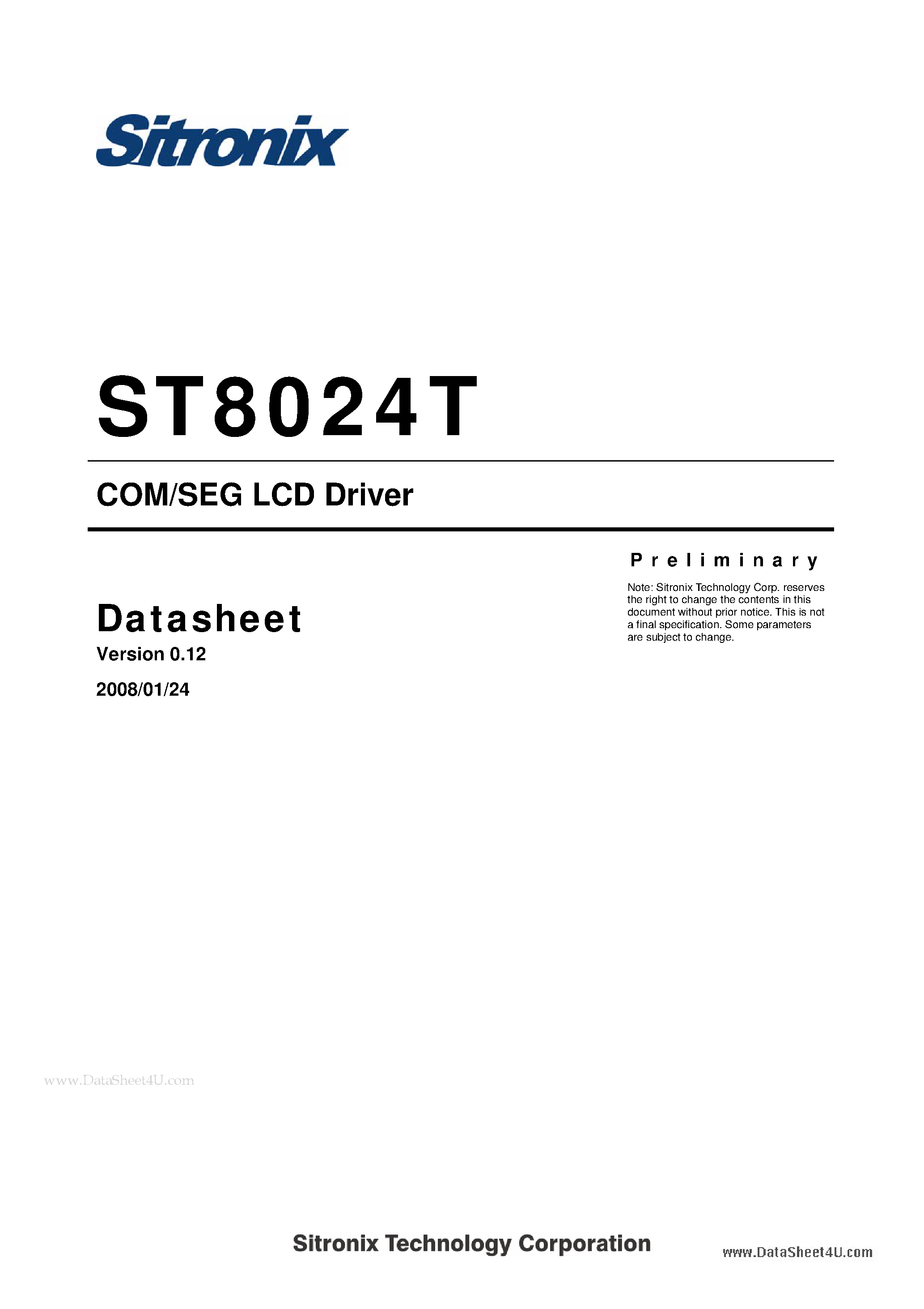 Datasheet ST8024T page 1 Datasheet ST8024T - COM/SEG LCD Driver page 1