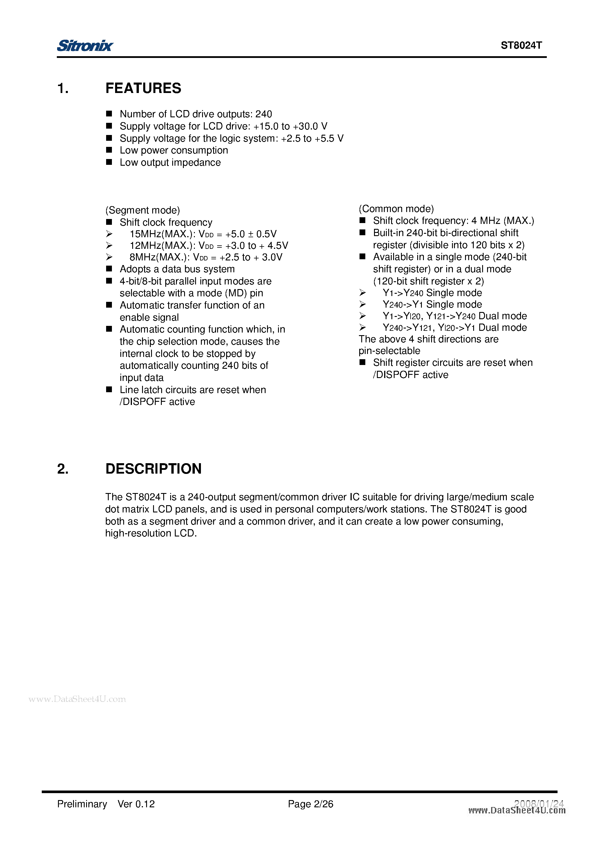 Datasheet ST8024T page 2 Datasheet ST8024T - COM/SEG LCD Driver page 2