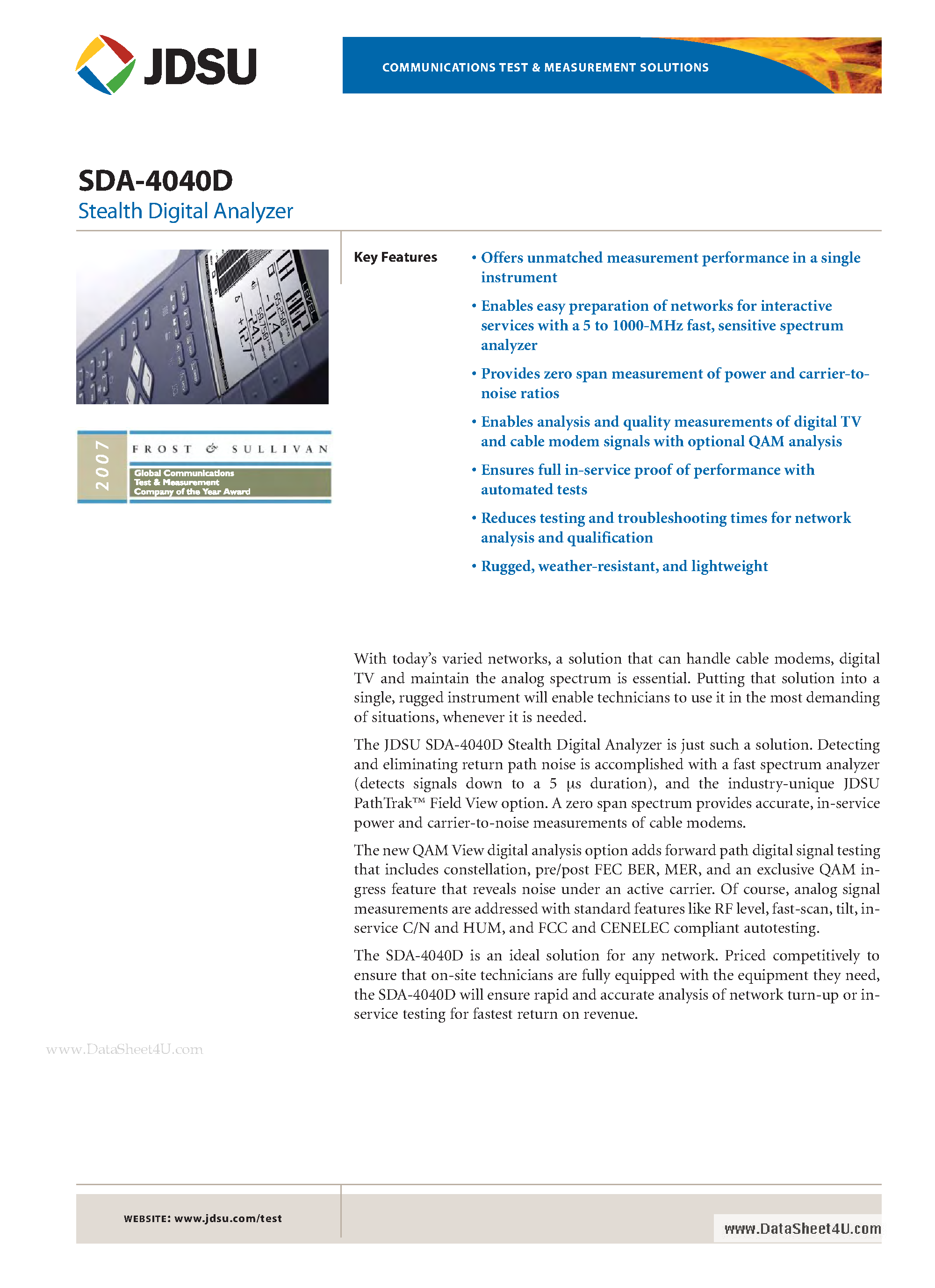 Даташит на микросхему SDA-4040D страница 1 Даташит SDA-4040D - Stealth Digital Analyzer страница 1