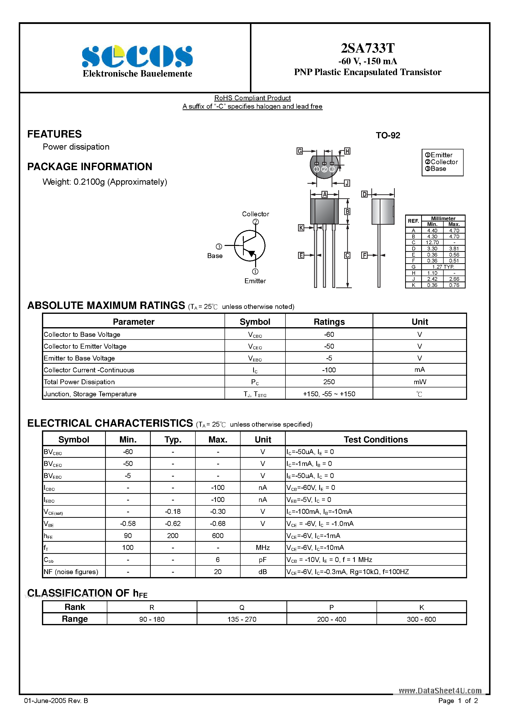 Datasheet 2SA733T page 1 Datasheet 2SA733T - PNP Plastic Encapsulated Transistor page 1
