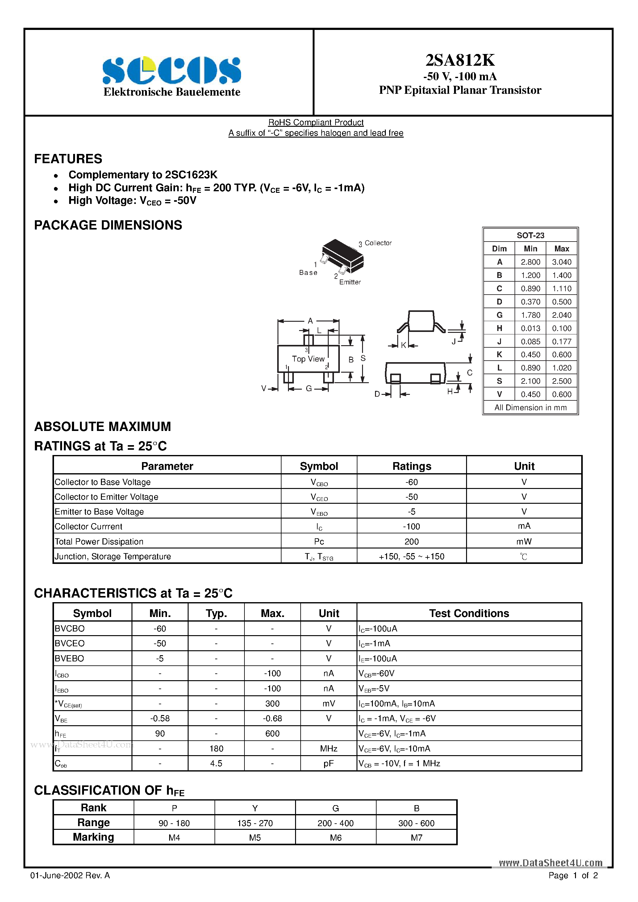 Datasheet 2SA812K page 1 Datasheet 2SA812K - PNP Epitaxial Planar Transistor page 1
