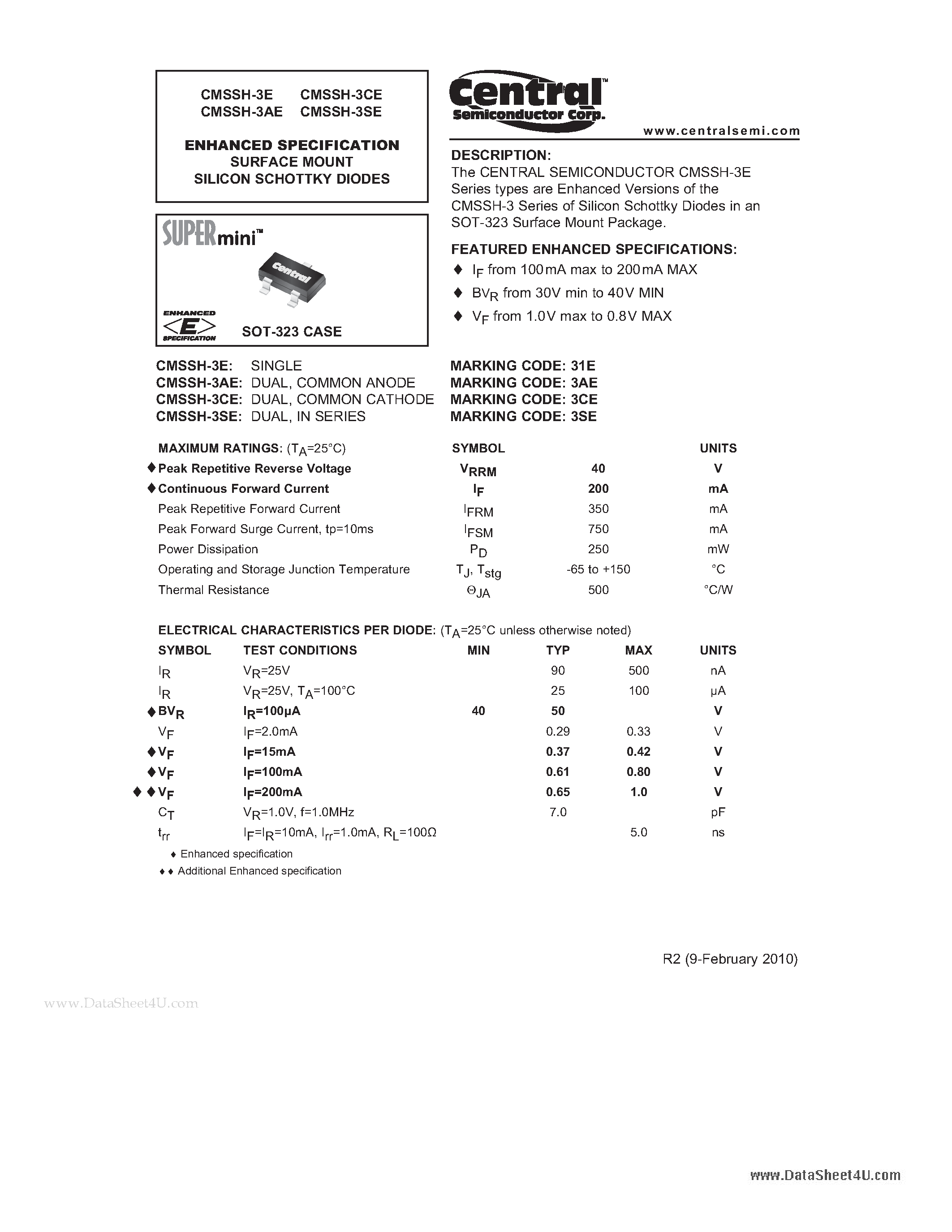 Даташит на микросхему CMSSH-3AE страница 1 Даташит CMSSH-3AE - ENHANCED SPECIFICATION SURFACE MOUNT SILICON SCHOTTKY DIODES страница 1