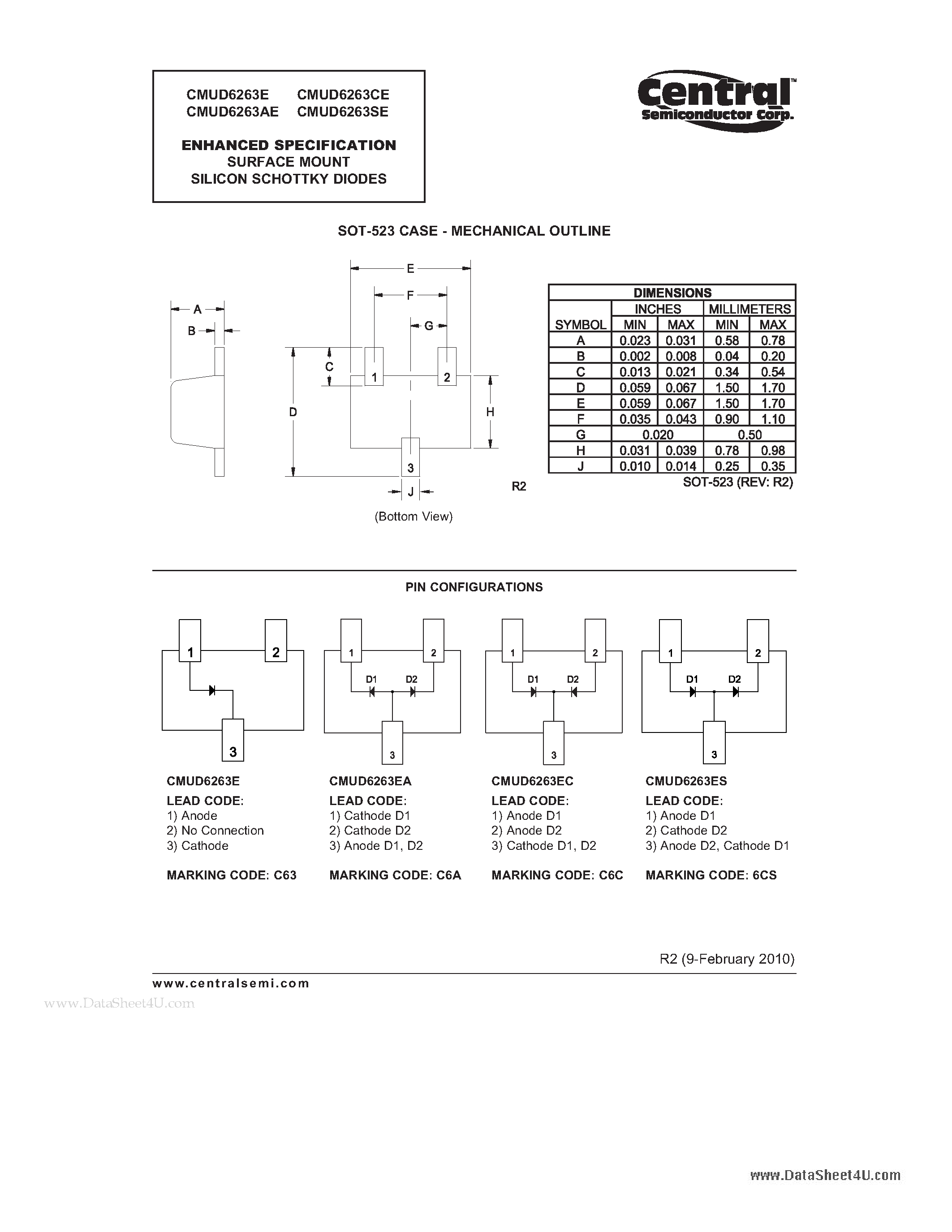 Даташит на микросхему CMUD6263AE страница 2 Даташит CMUD6263AE - ENHANCED SPECIFICATION SURFACE MOUNT SILICON SCHOTTKY DIODES страница 2