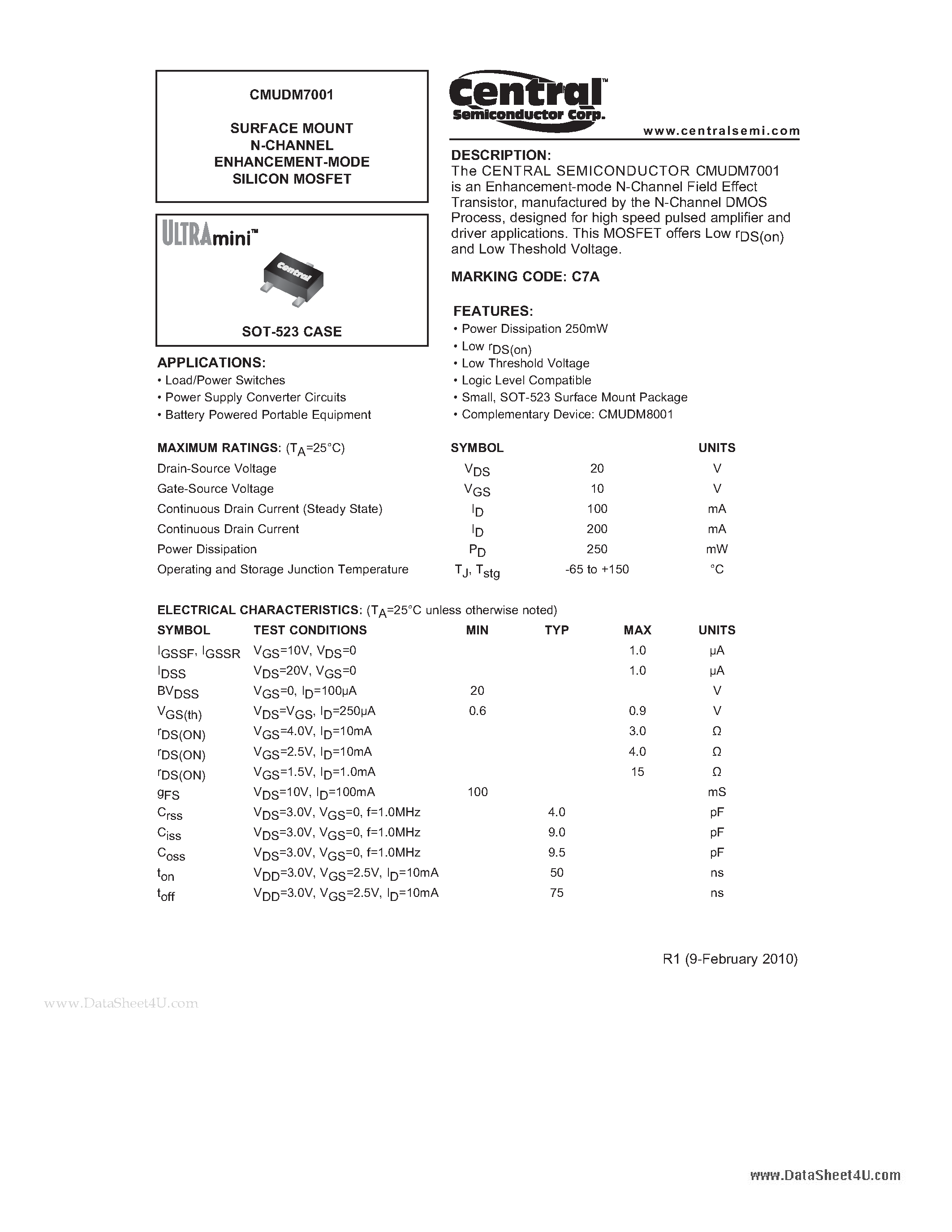 Datasheet CMUDM7001 - SURFACE MOUNT N-CHANNEL ENHANCEMENT-MODE SILICON MOSFET page 1