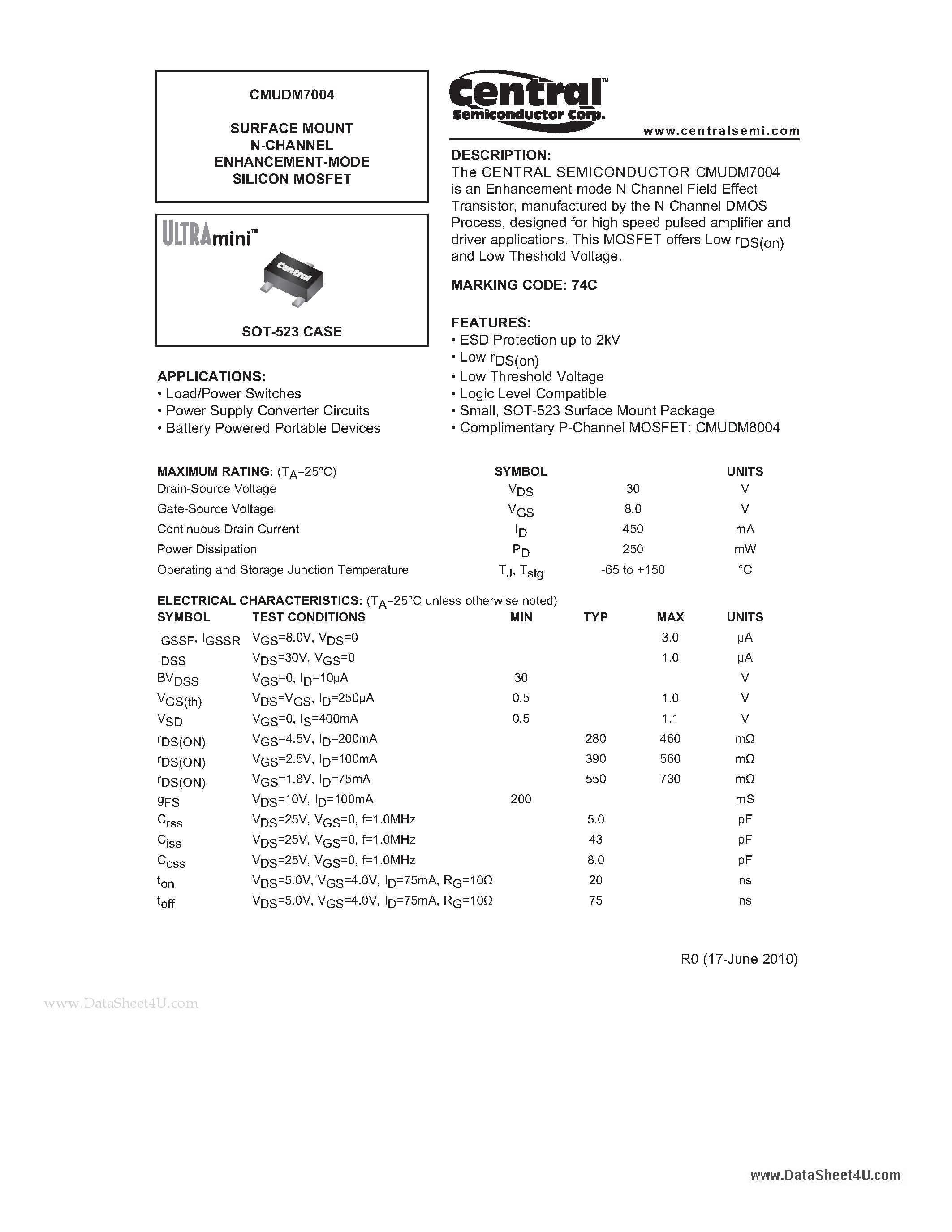 Datasheet CMUDM7004 - SURFACE MOUNT N-CHANNEL ENHANCEMENT-MODE SILICON MOSFET page 1