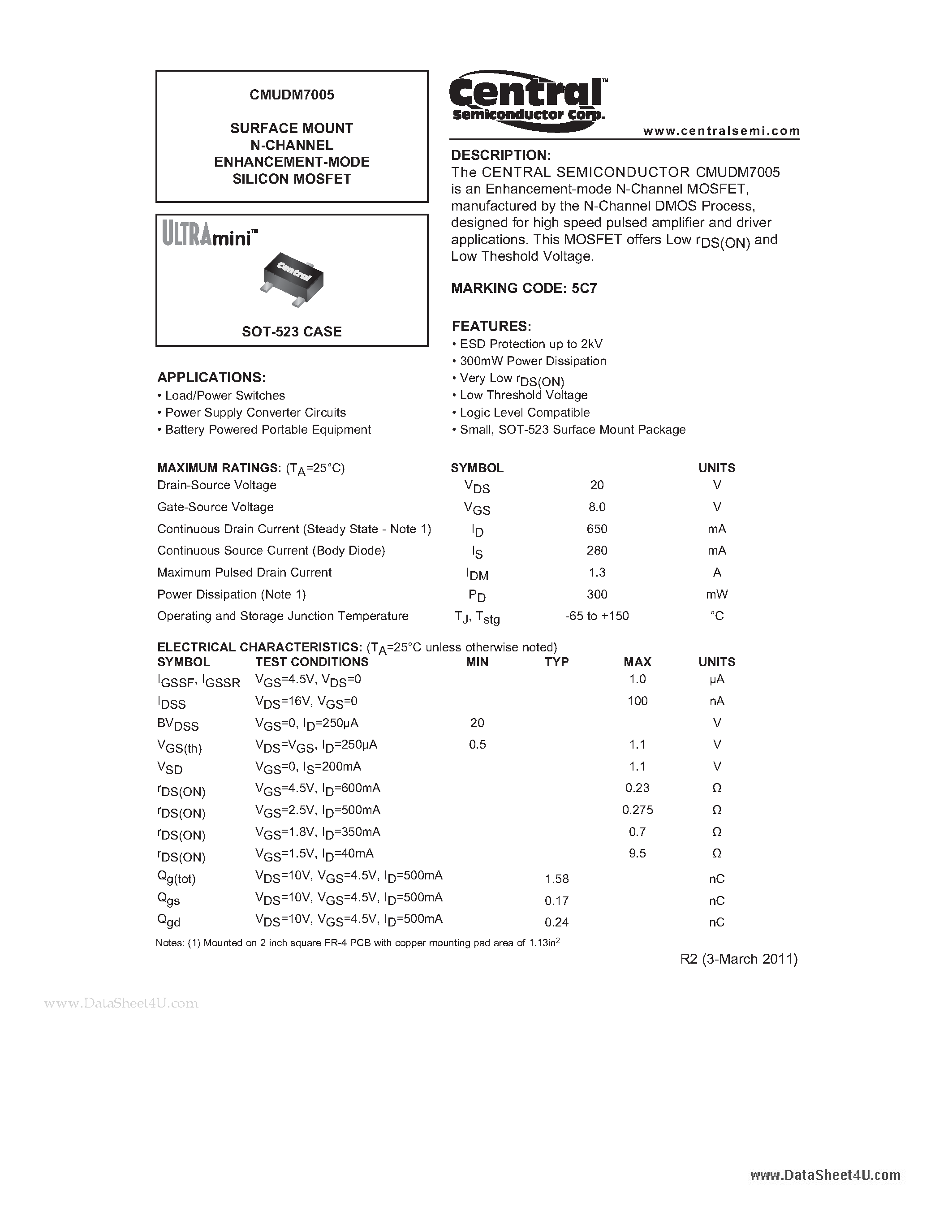 Datasheet CMUDM7005 - SURFACE MOUNT N-CHANNEL ENHANCEMENT-MODE SILICON MOSFET page 1