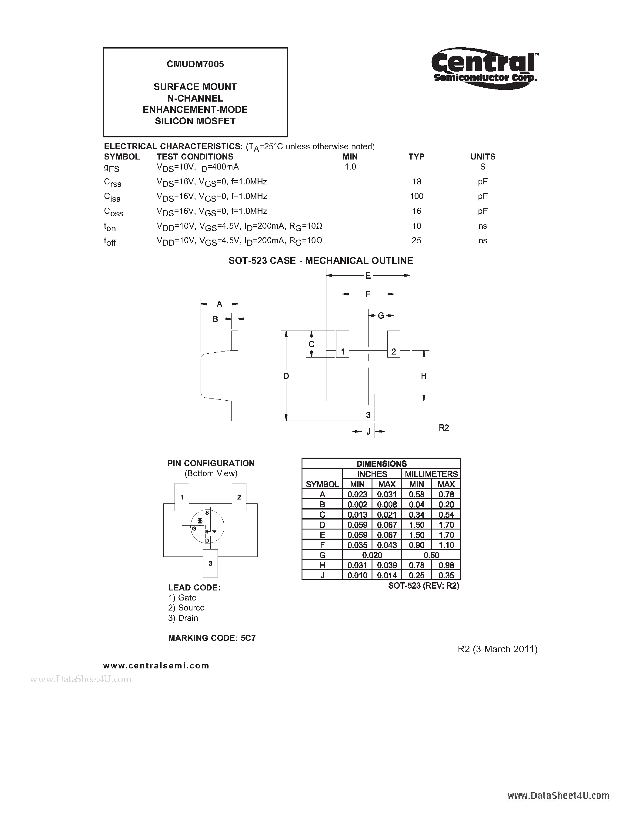 Datasheet CMUDM7005 - SURFACE MOUNT N-CHANNEL ENHANCEMENT-MODE SILICON MOSFET page 2