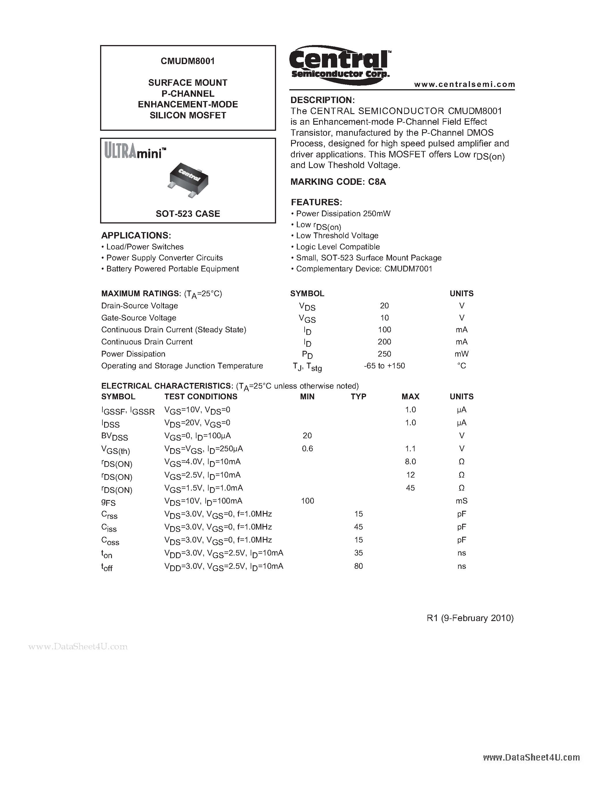 Datasheet CMUDM8001 - SURFACE MOUNT N-CHANNEL ENHANCEMENT-MODE SILICON MOSFET page 1