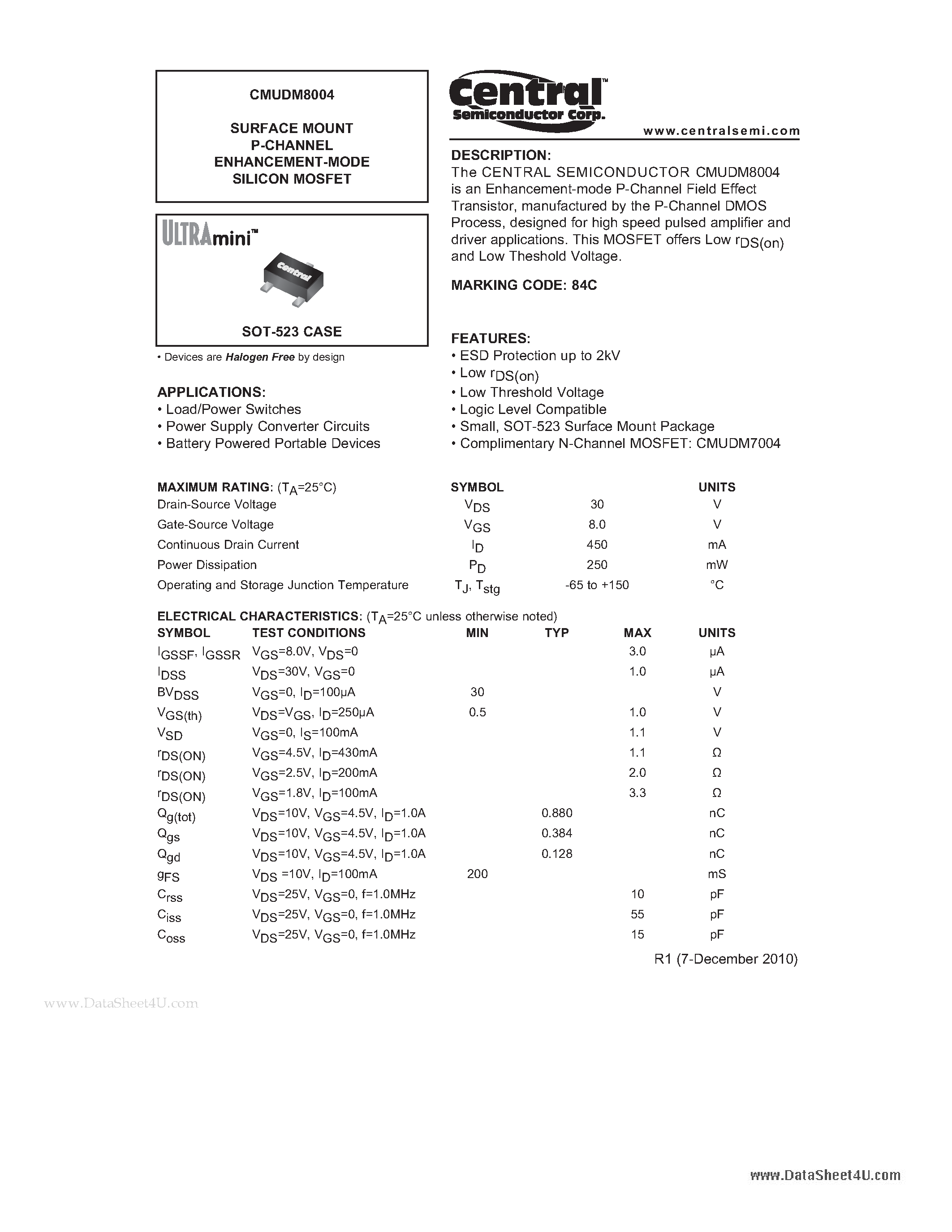 Datasheet CMUDM8004 - SURFACE MOUNT P-CHANNEL ENHANCEMENT-MODE SILICON MOSFET page 1