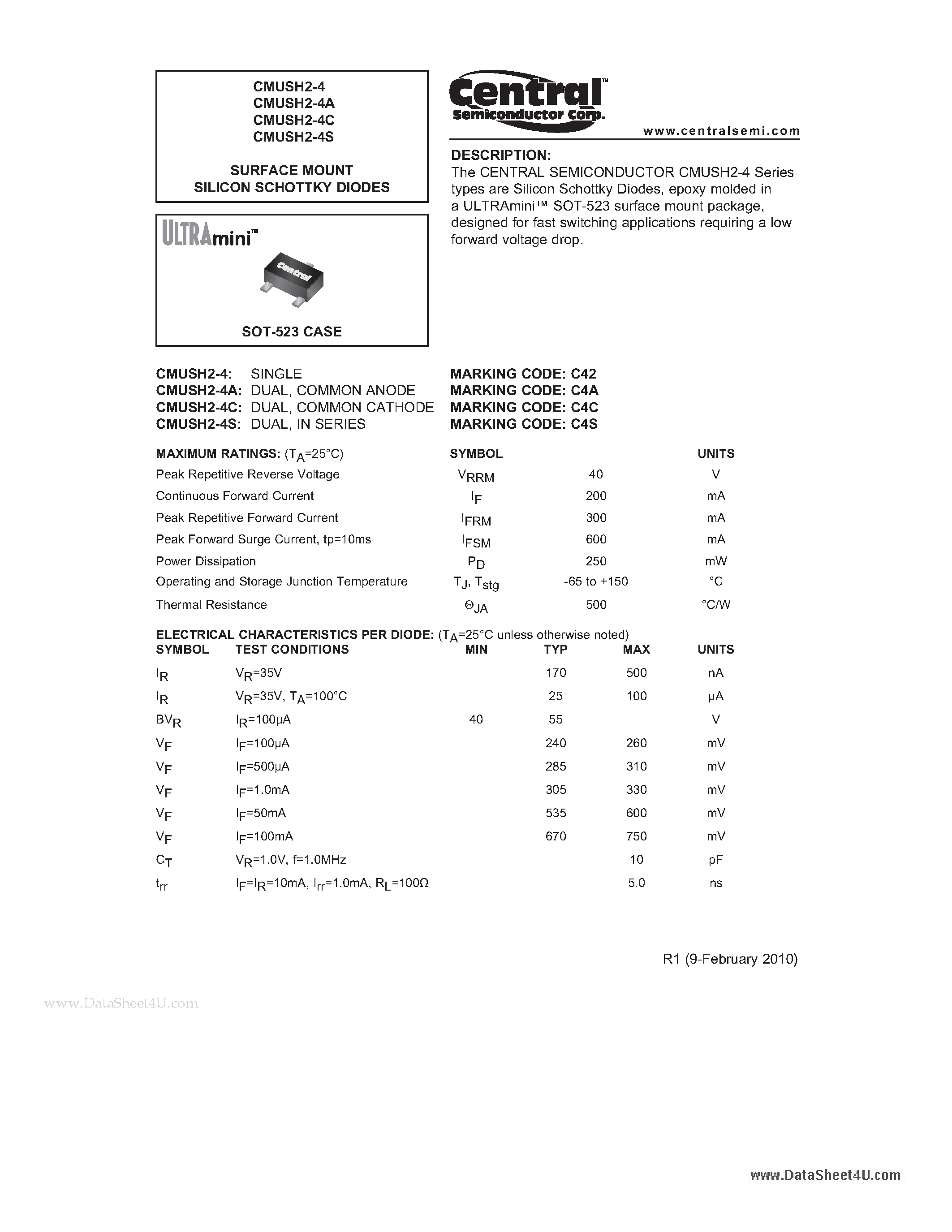 Datasheet CMUSH2-4 - SURFACE MOUNT SILICON SCHOTTKY DIODES page 1