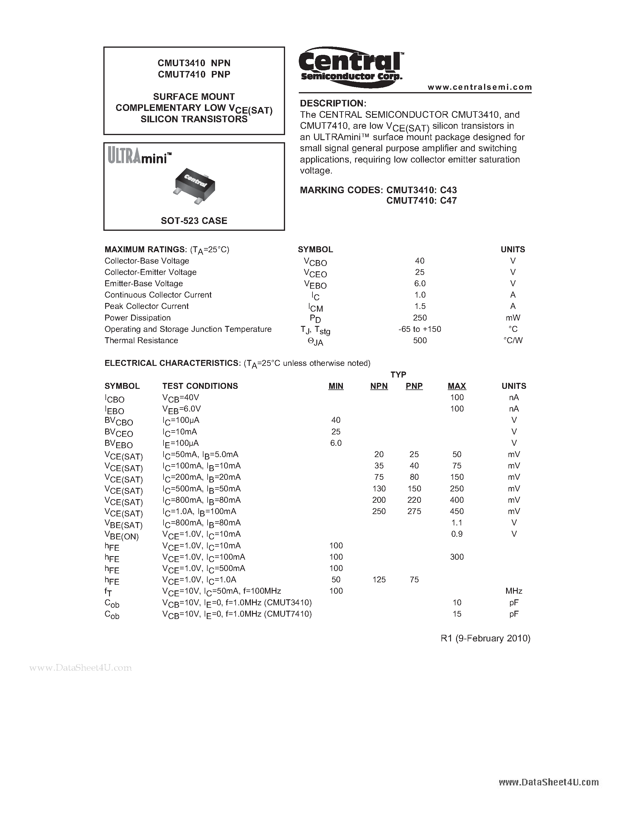 Даташит CMUT3410 - SURFACE MOUNT COMPLEMENTARY LOW VCE(SAT) SILICON TRANSISTORS страница 1
