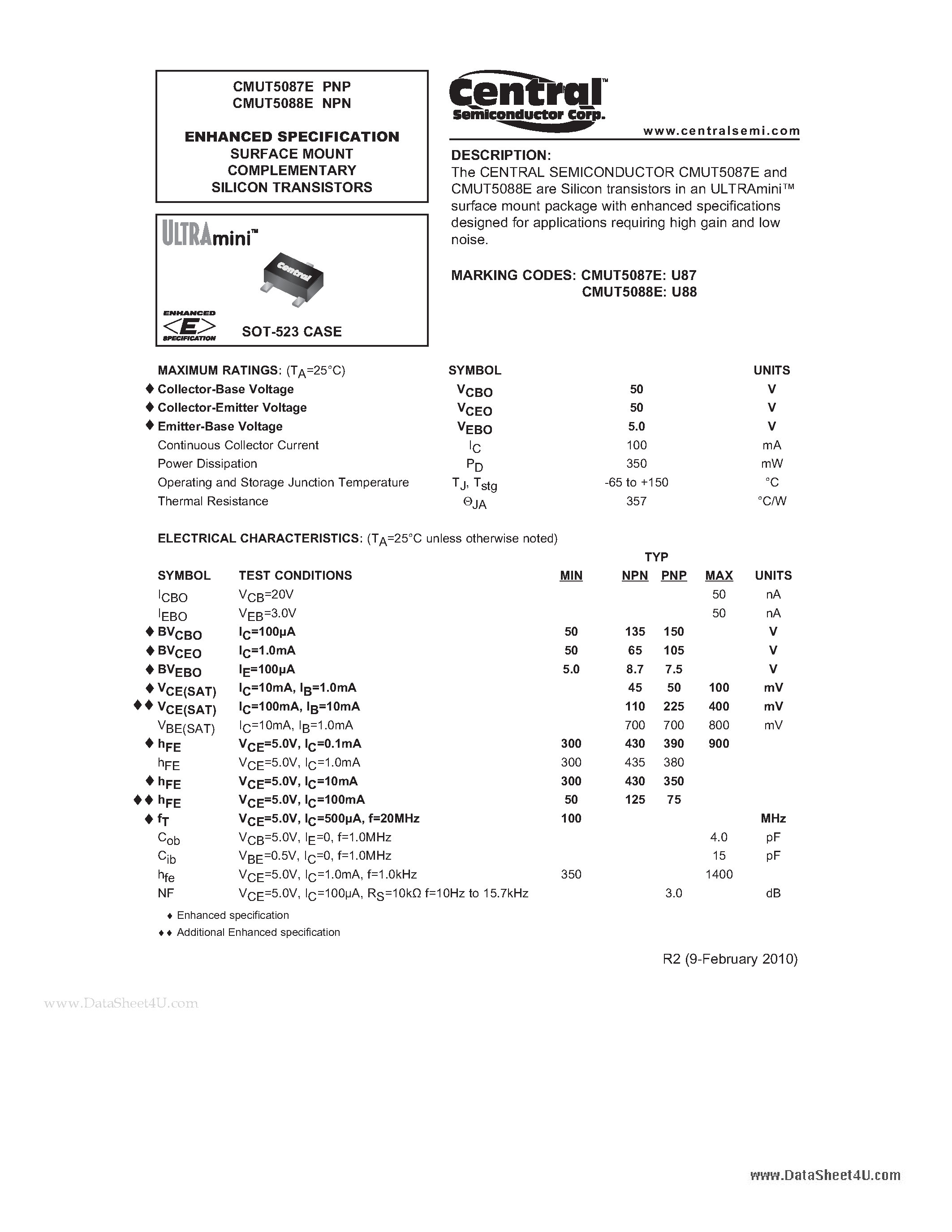 Даташит CMUT5087E - ENHANCED SPECIFICATION SURFACE MOUNT COMPLEMENTARY SILICON TRANSISTORS страница 1