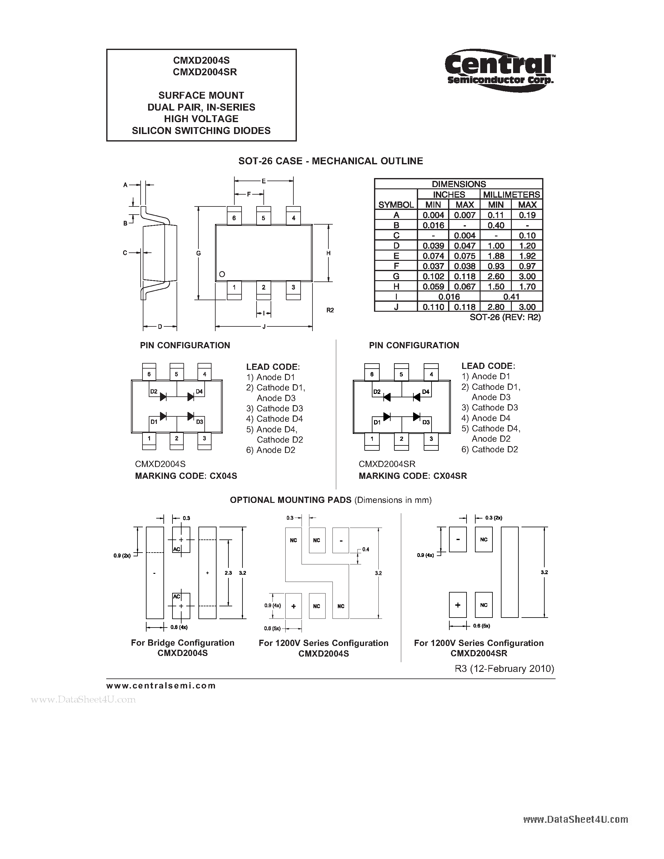 Даташит на микросхему CMXD2004S страница 2 Даташит CMXD2004S - SURFACE MOUNT DUAL PAIR IN-SERIES HIGH VOLTAGE SILICON SWITCHING DIODES страница 2