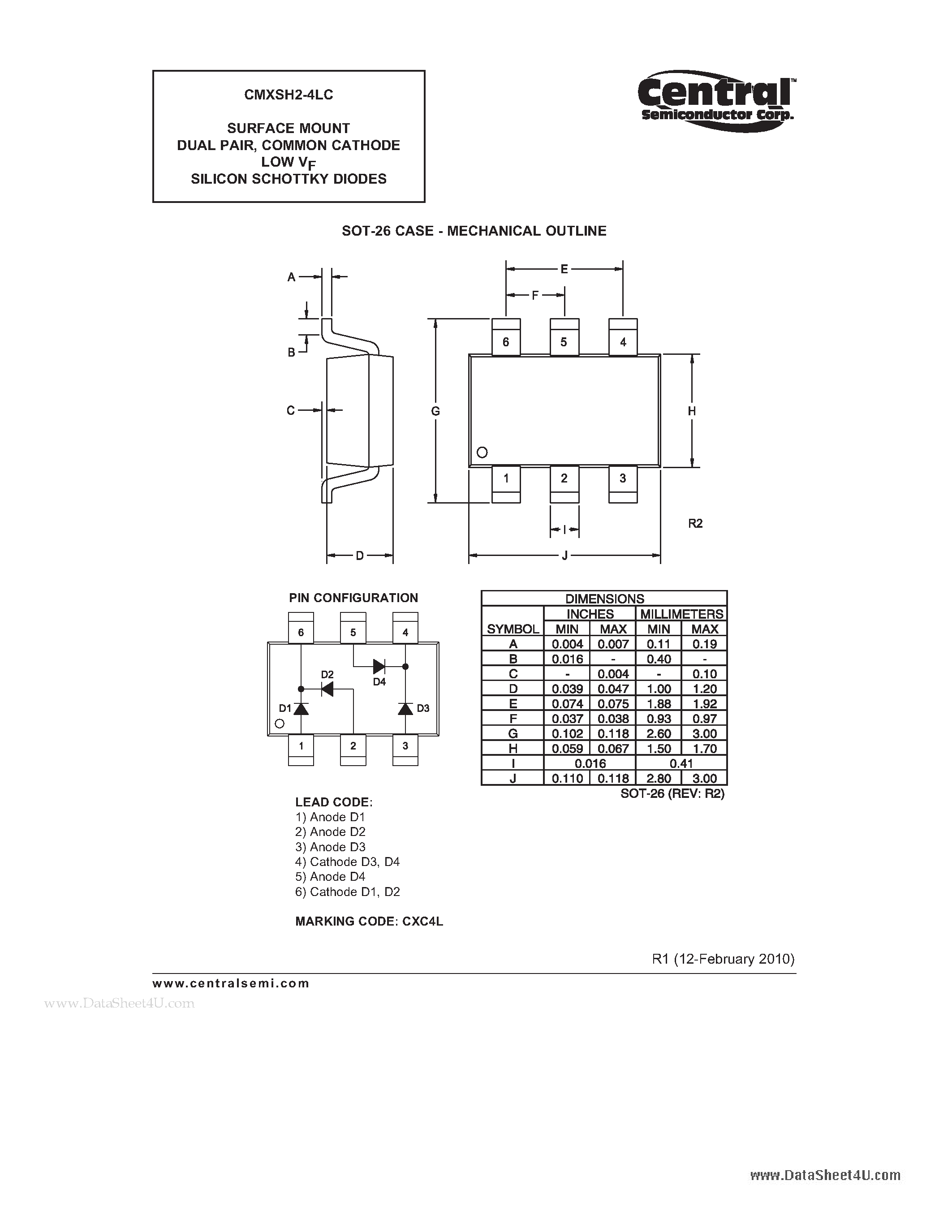 Даташит на микросхему CMXSH2-4LC страница 2 Даташит CMXSH2-4LC - SURFACE MOUNT DUAL PAIR COMMON CATHODE LOW VF SILICON SCHOTTKY DIODES страница 2