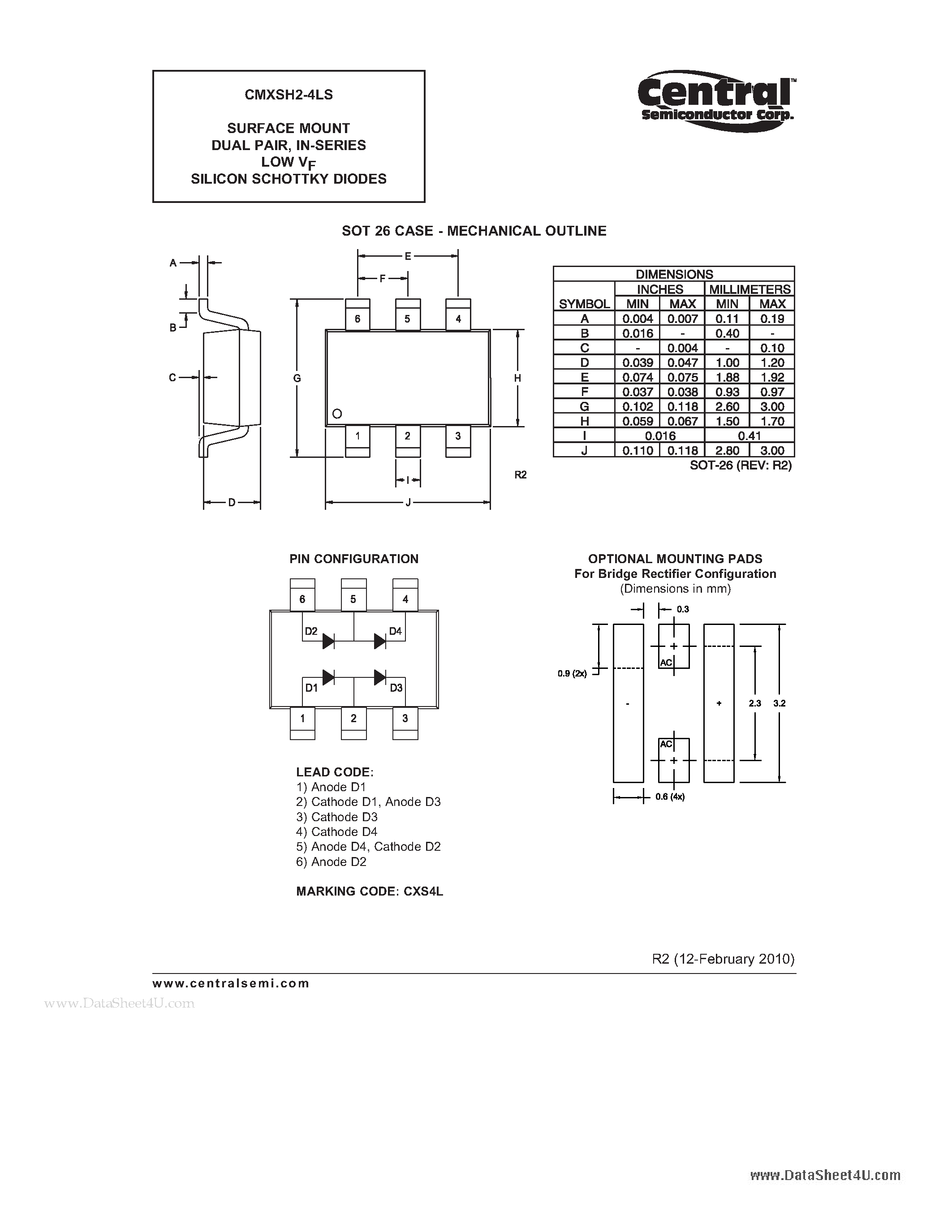Даташит на микросхему CMXSH2-4LS страница 2 Даташит CMXSH2-4LS - SURFACE MOUNT DUAL PAIR IN-SERIES LOW VF SILICON SCHOTTKY DIODES страница 2
