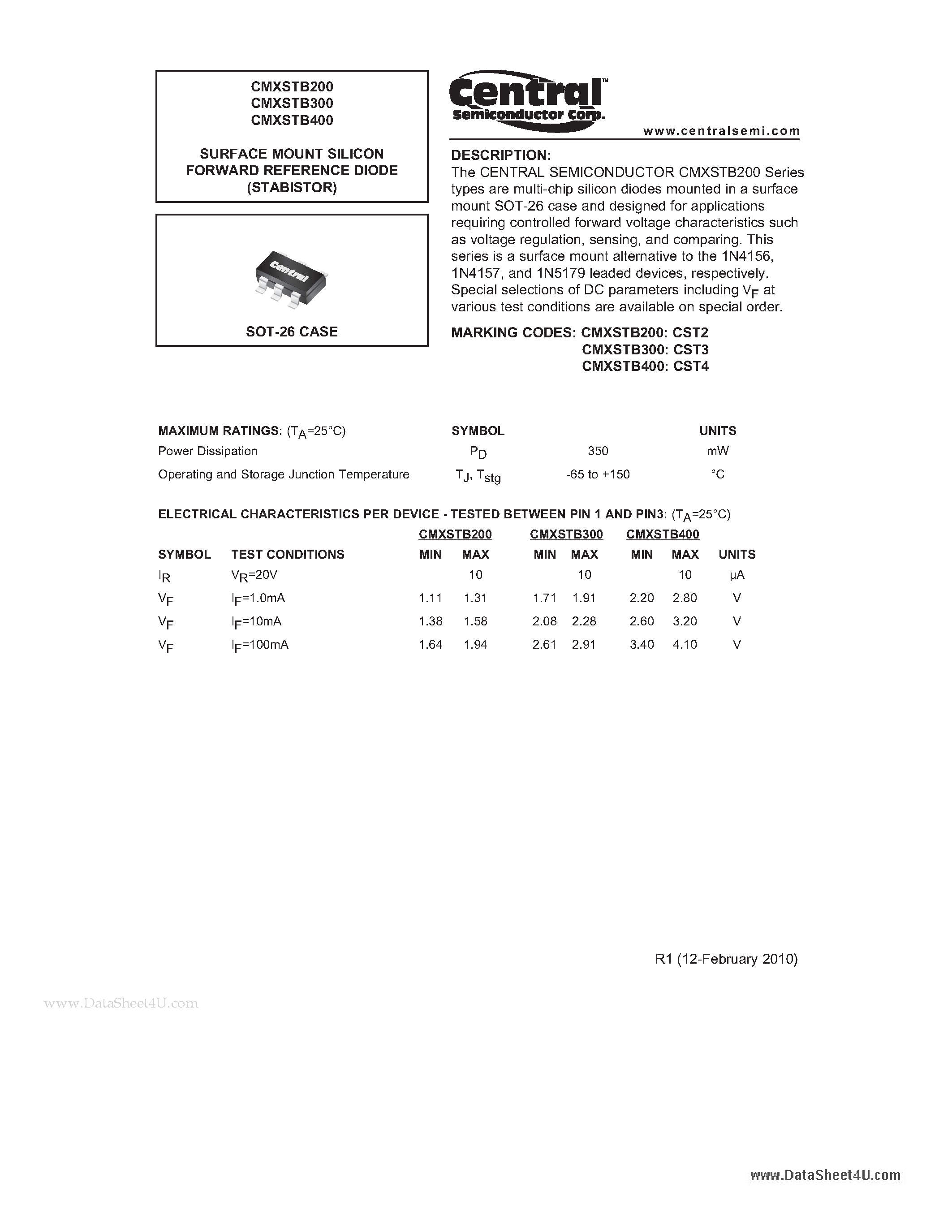 Datasheet CMXSTB200 - SURFACE MOUNT SILICON FORWARD REFERENCE DIODE (STABISTOR) page 1