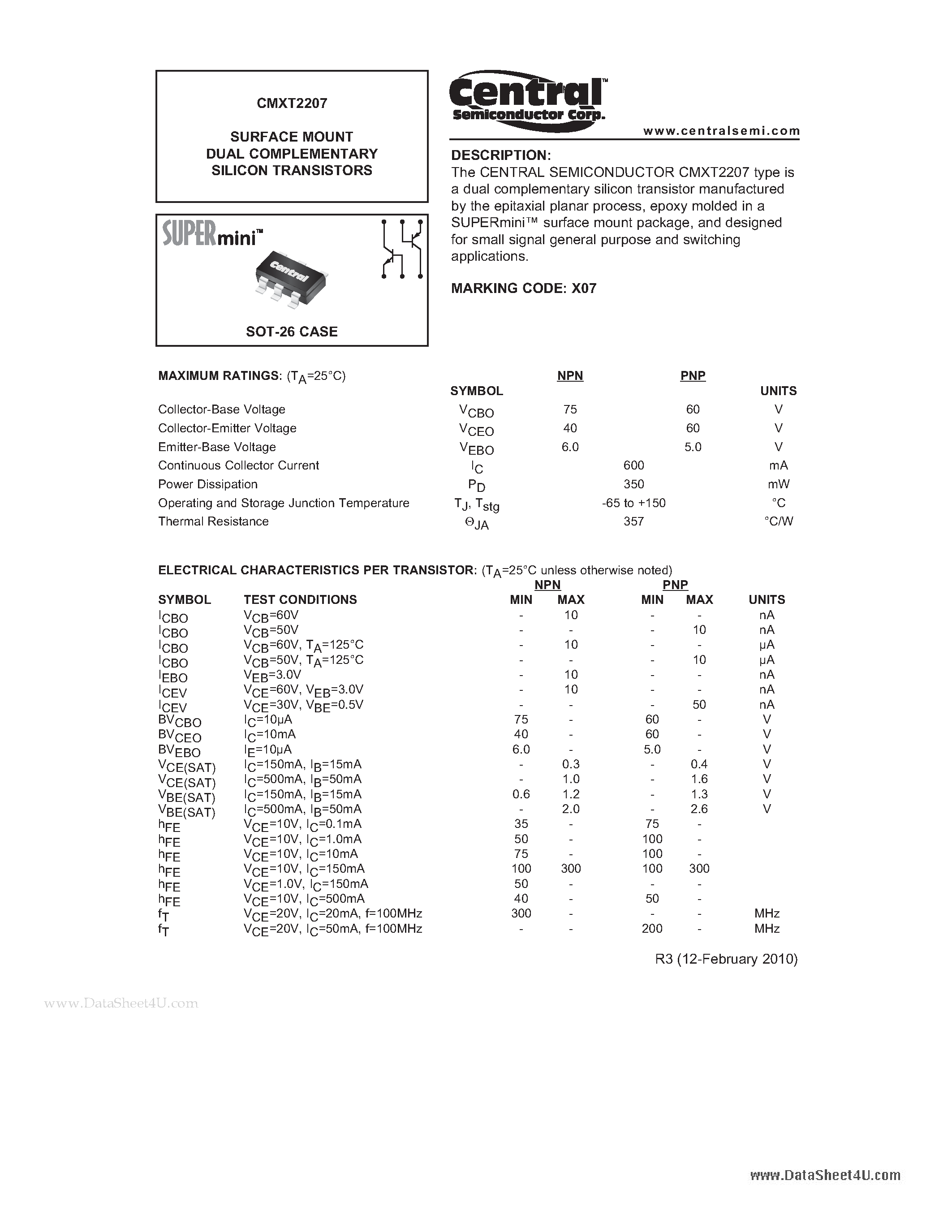 Даташит CMXT2207 - SURFACE MOUNT DUAL COMPLEMENTARY SILICON TRANSISTORS страница 1