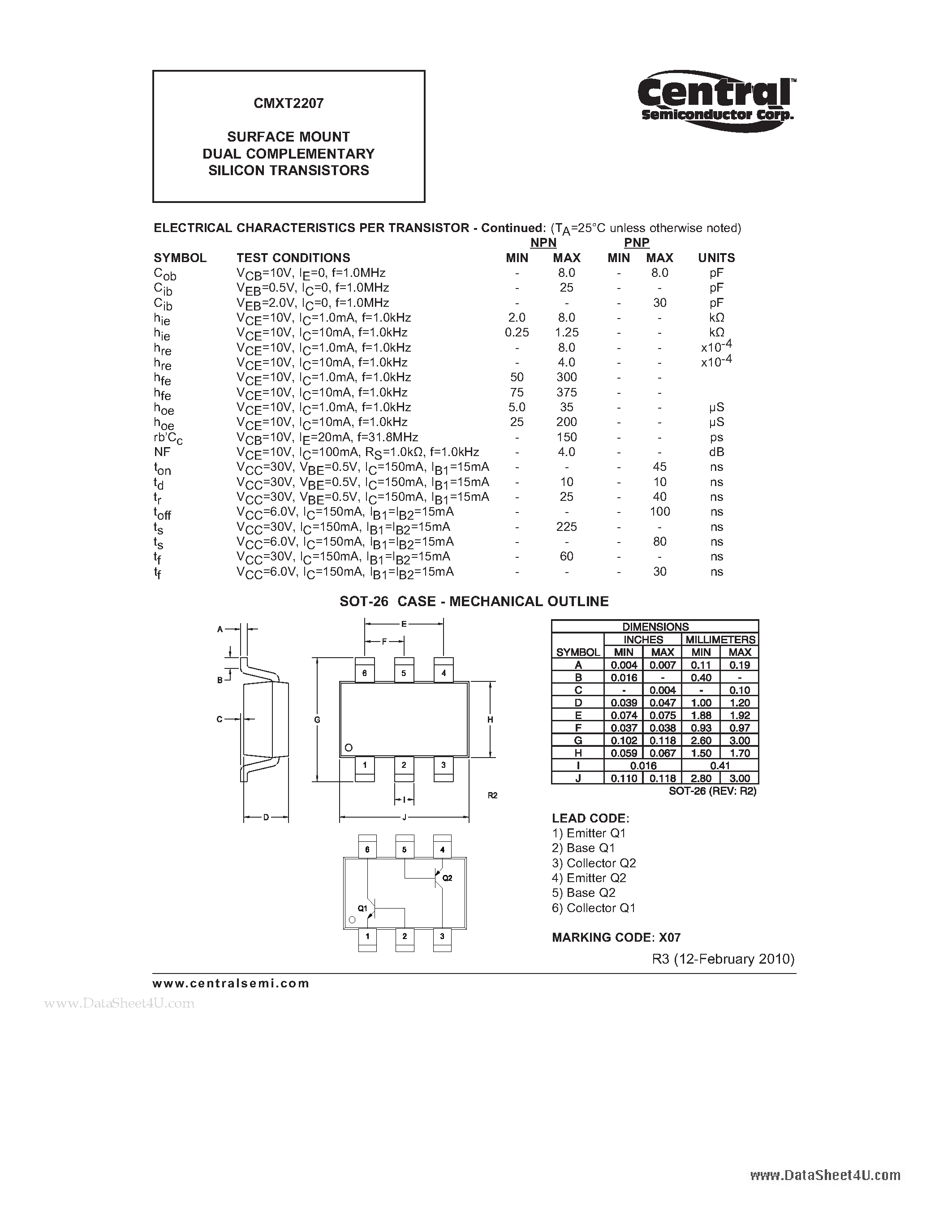 Даташит CMXT2207 - SURFACE MOUNT DUAL COMPLEMENTARY SILICON TRANSISTORS страница 2
