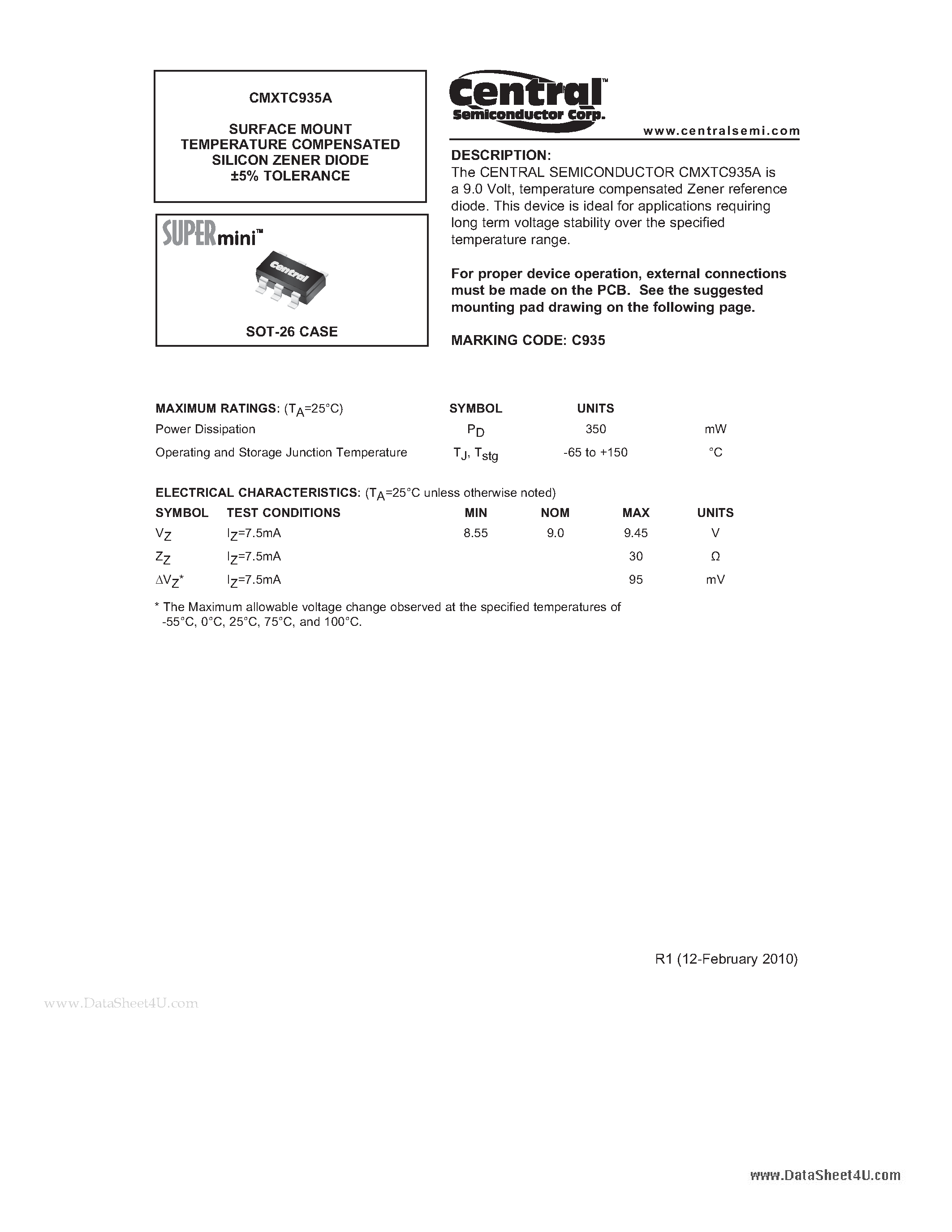 Datasheet CMXTC935A - SURFACE MOUNT TEMPERATURE COMPENSATED SILICON ZENER DIODE +-5% TOLERANCE page 1