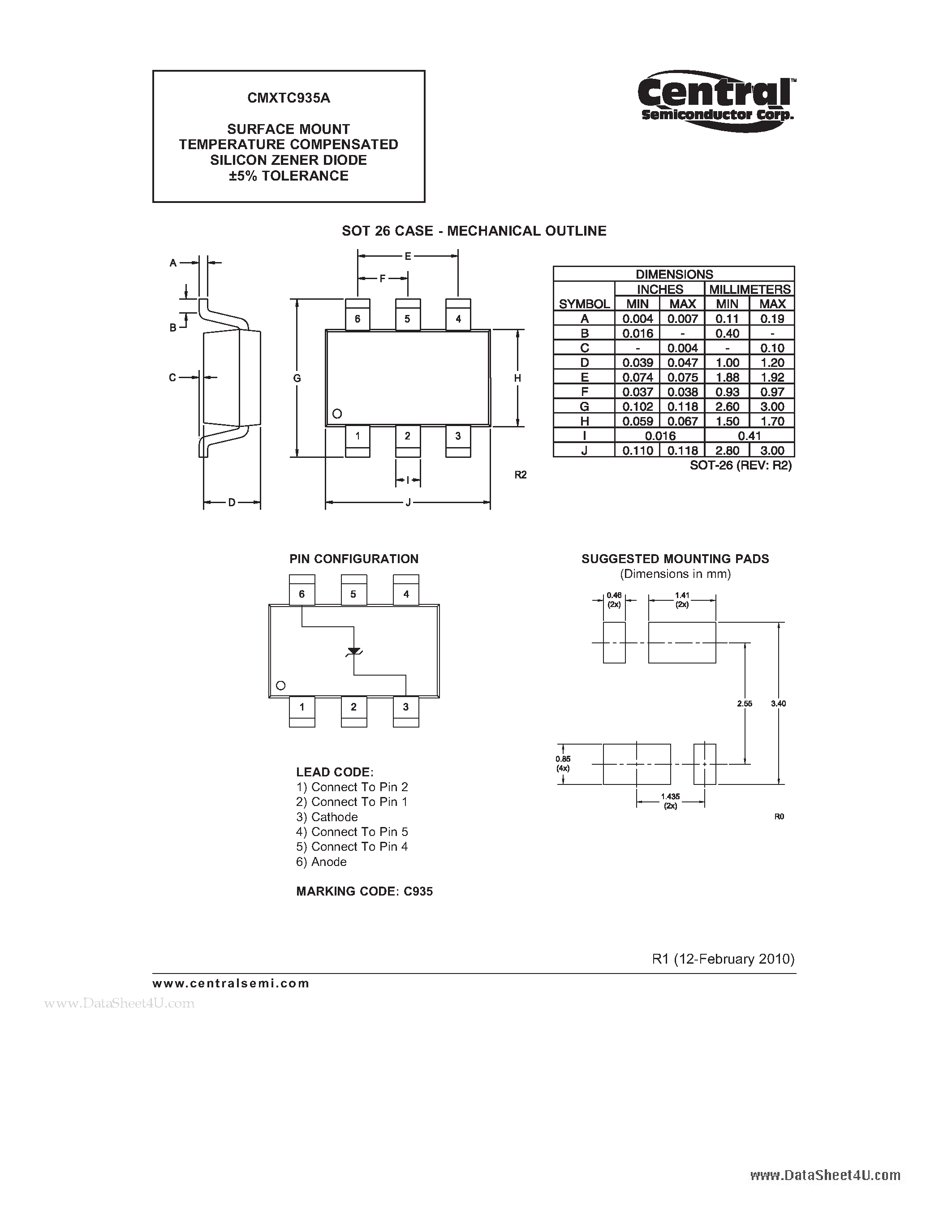 Datasheet CMXTC935A - SURFACE MOUNT TEMPERATURE COMPENSATED SILICON ZENER DIODE +-5% TOLERANCE page 2
