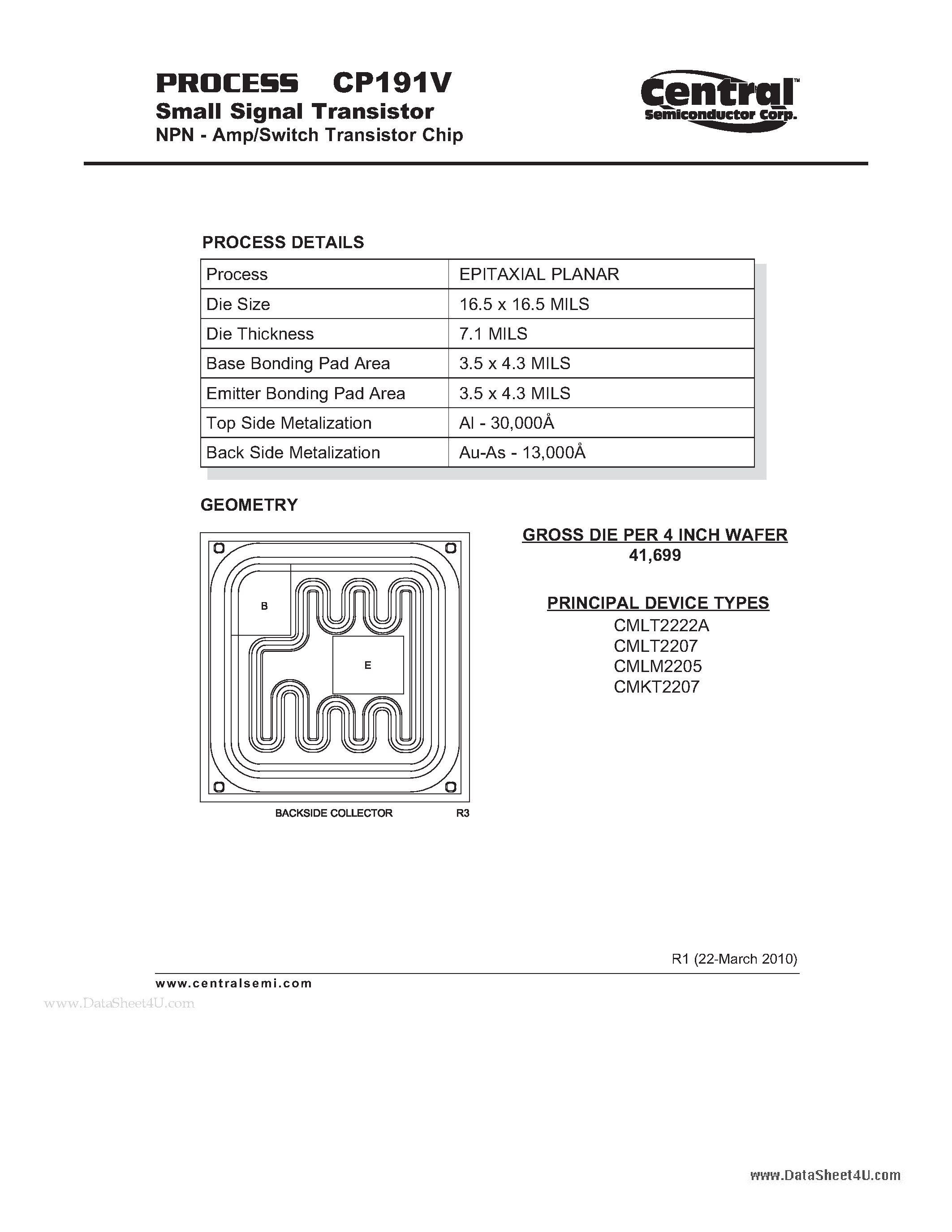 Datasheet CP191V page 1 Datasheet CP191V - Small Signal Transistor NPN - Amp/Switch Transistor Chip page 1