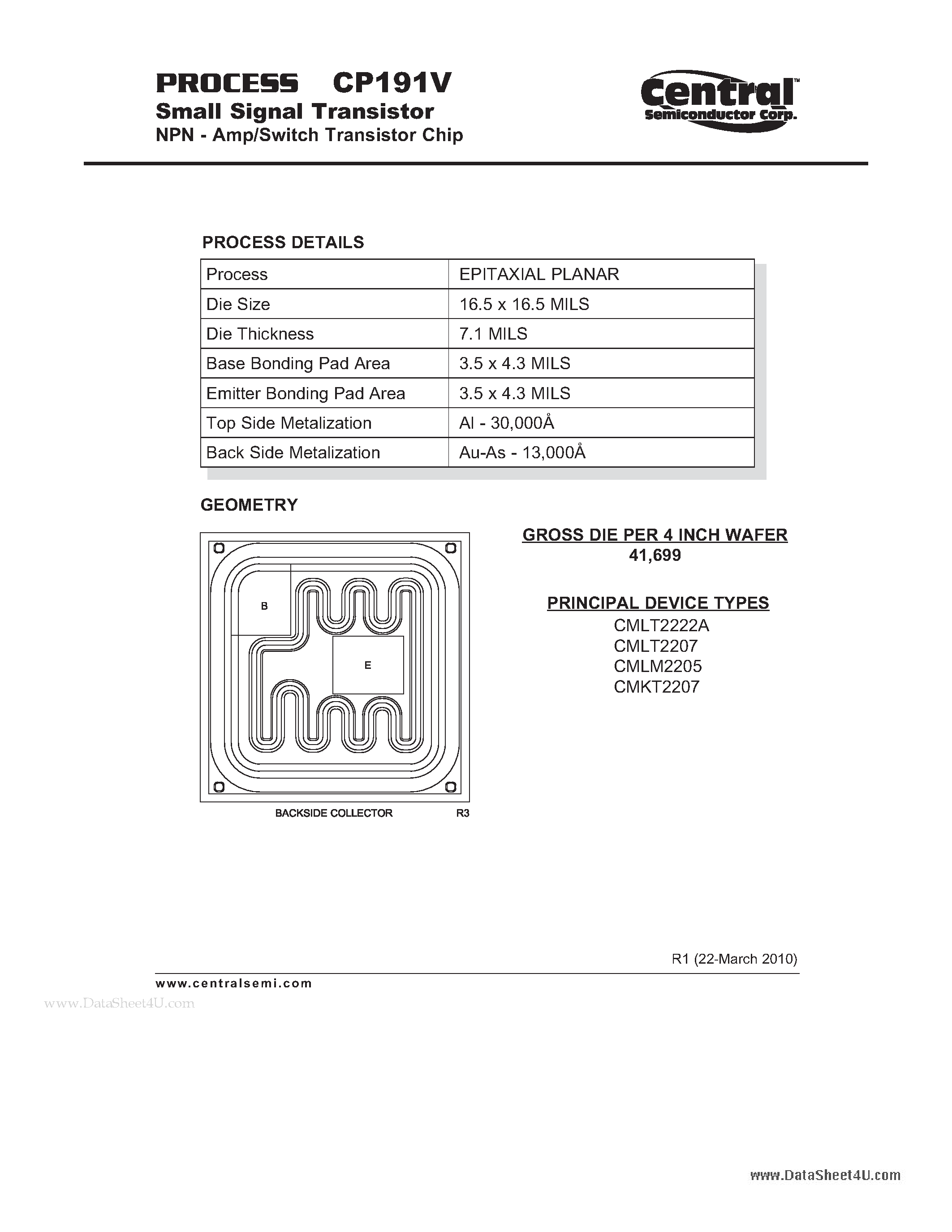 Даташит CP191V - Small Signal Transistor NPN - Amp/Switch Transistor Chip страница 1