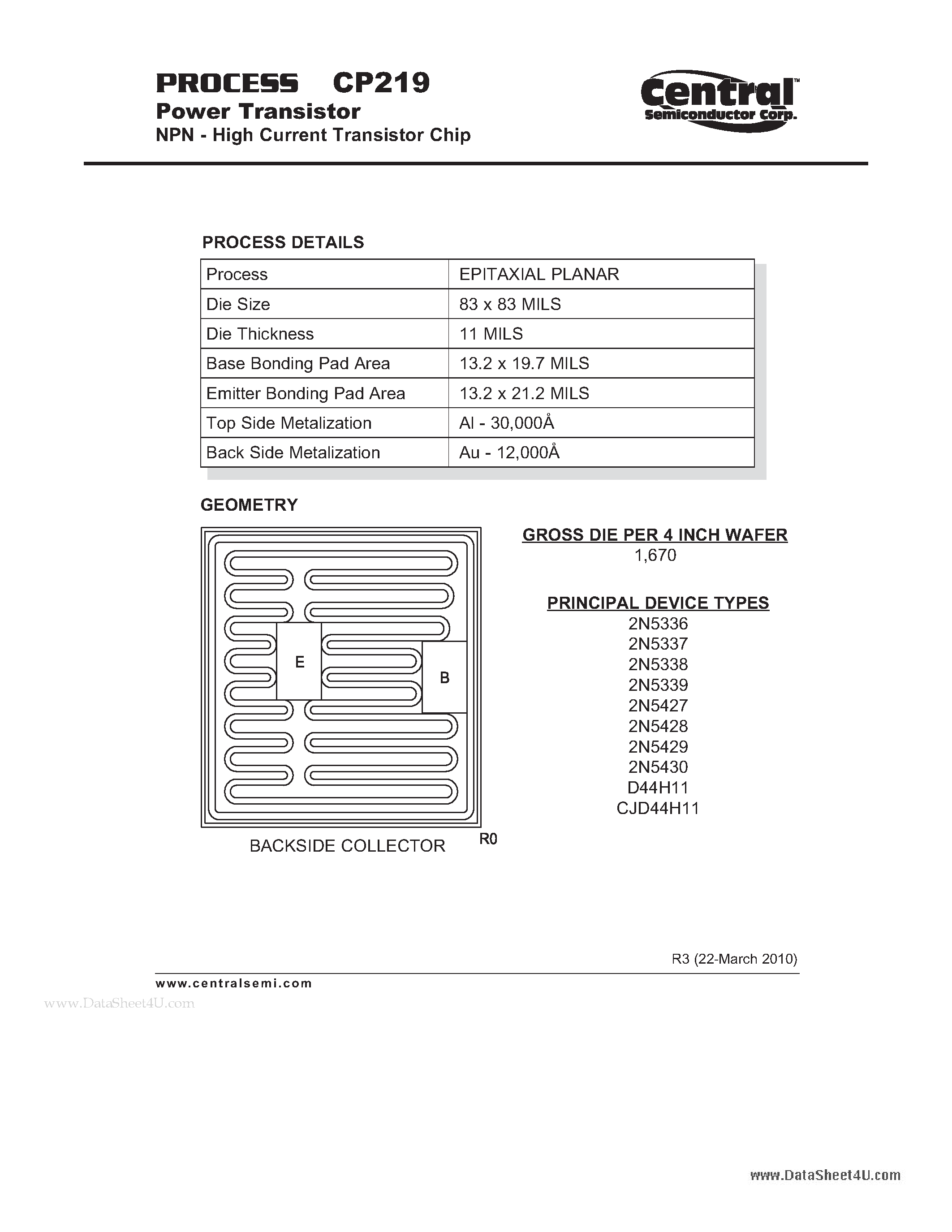Datasheet CP219 page 1 Datasheet CP219 - Power Transistor NPN - High Current Transistor Chip page 1