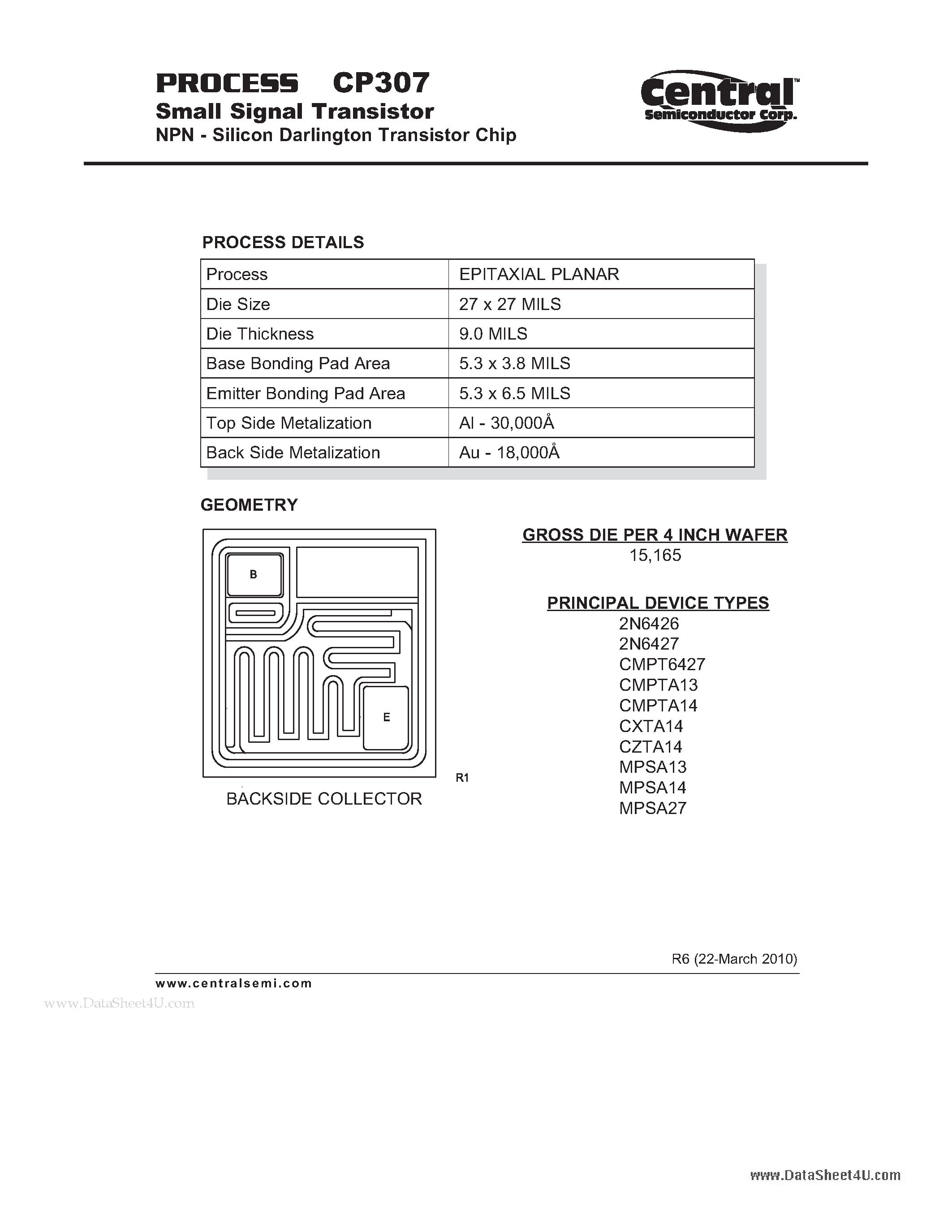 Datasheet CP307 page 1 Datasheet CP307 - Small Signal Transistor NPN - Silicon Darlington Transistor Chip page 1