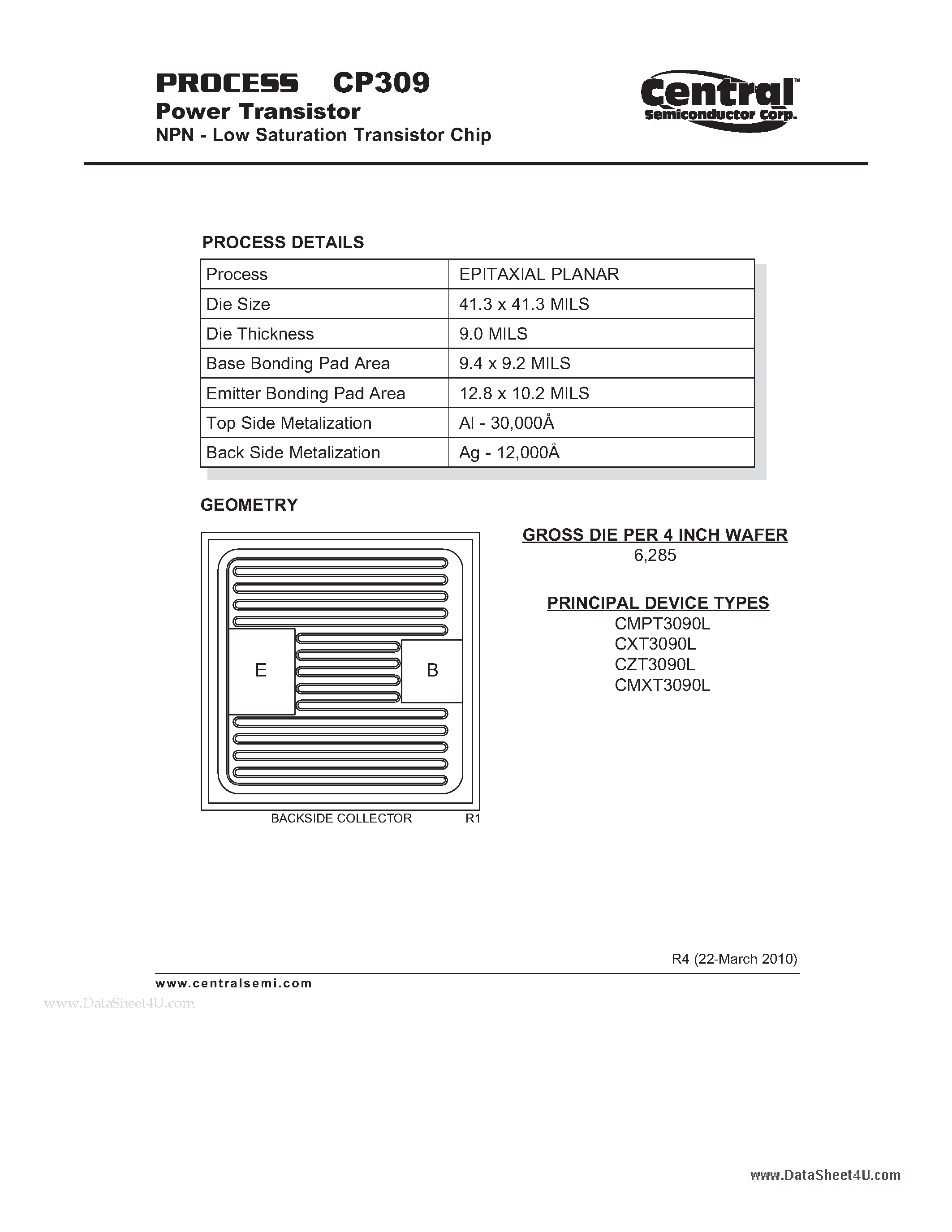 Datasheet CP309 page 1 Datasheet CP309 - Power Transistor NPN - Low Saturation Transistor Chip page 1
