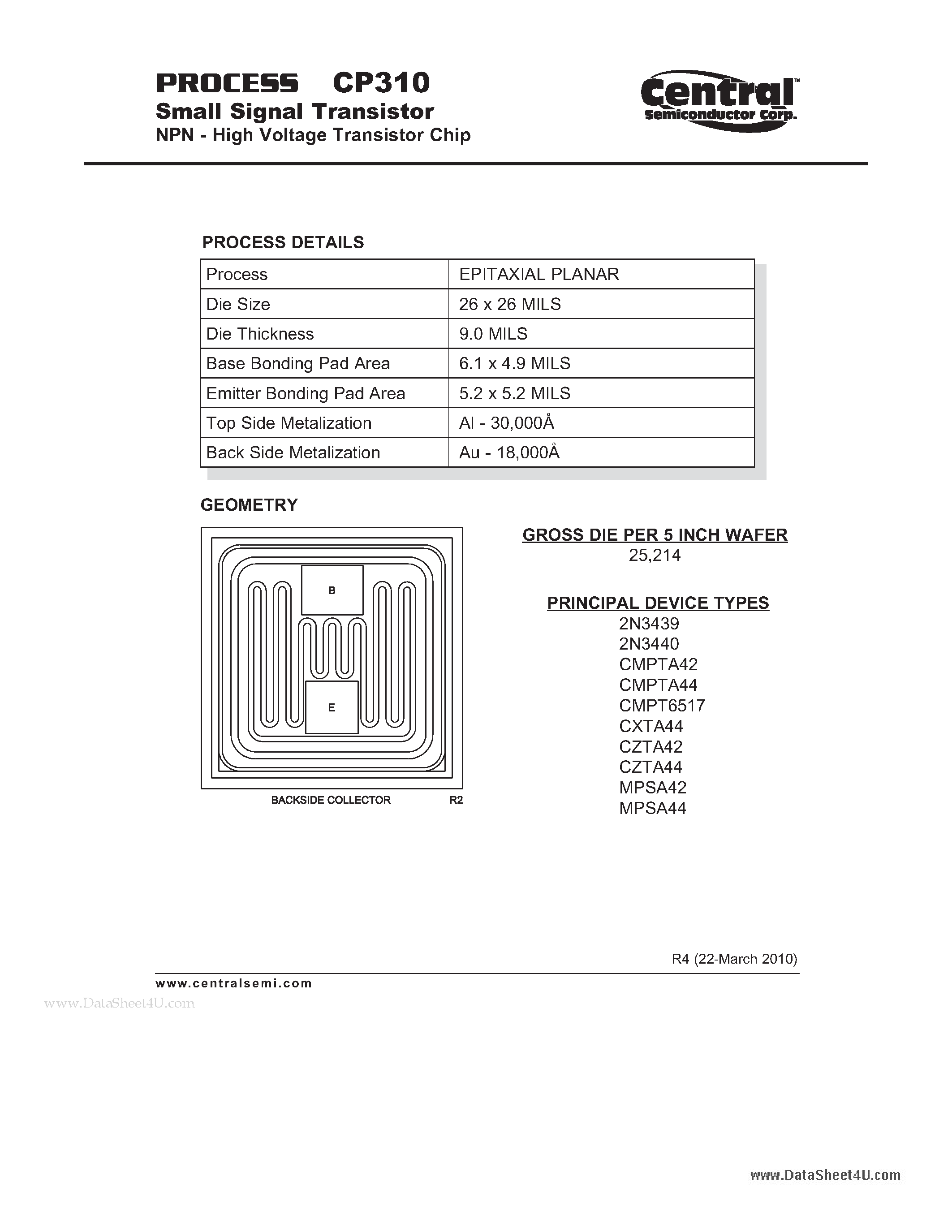 Datasheet CP310 page 1 Datasheet CP310 - Small Signal Transistor NPN - High Voltage Transistor Chip page 1