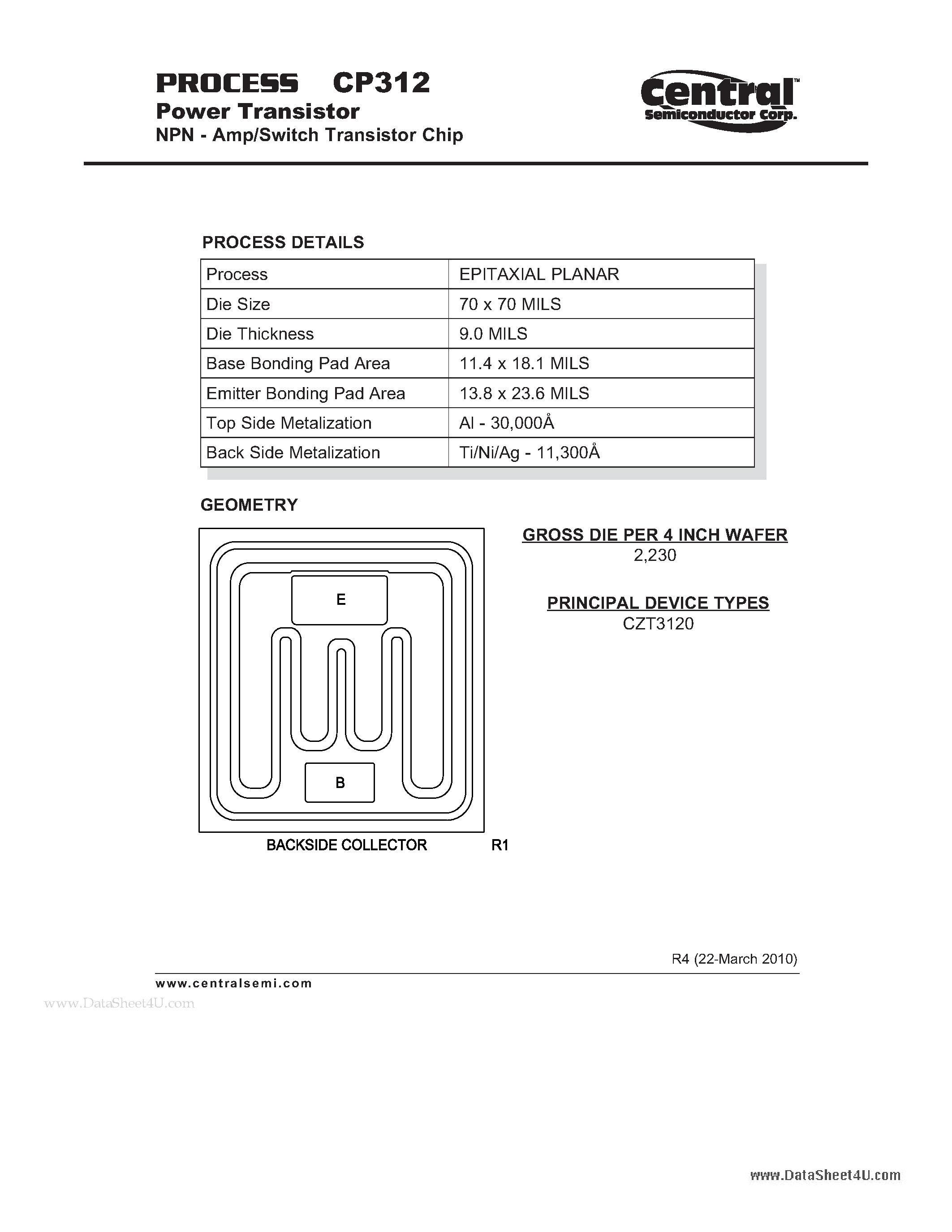 Datasheet CP312 page 1 Datasheet CP312 - Power Transistor NPN - Amp/Switch Transistor Chip page 1