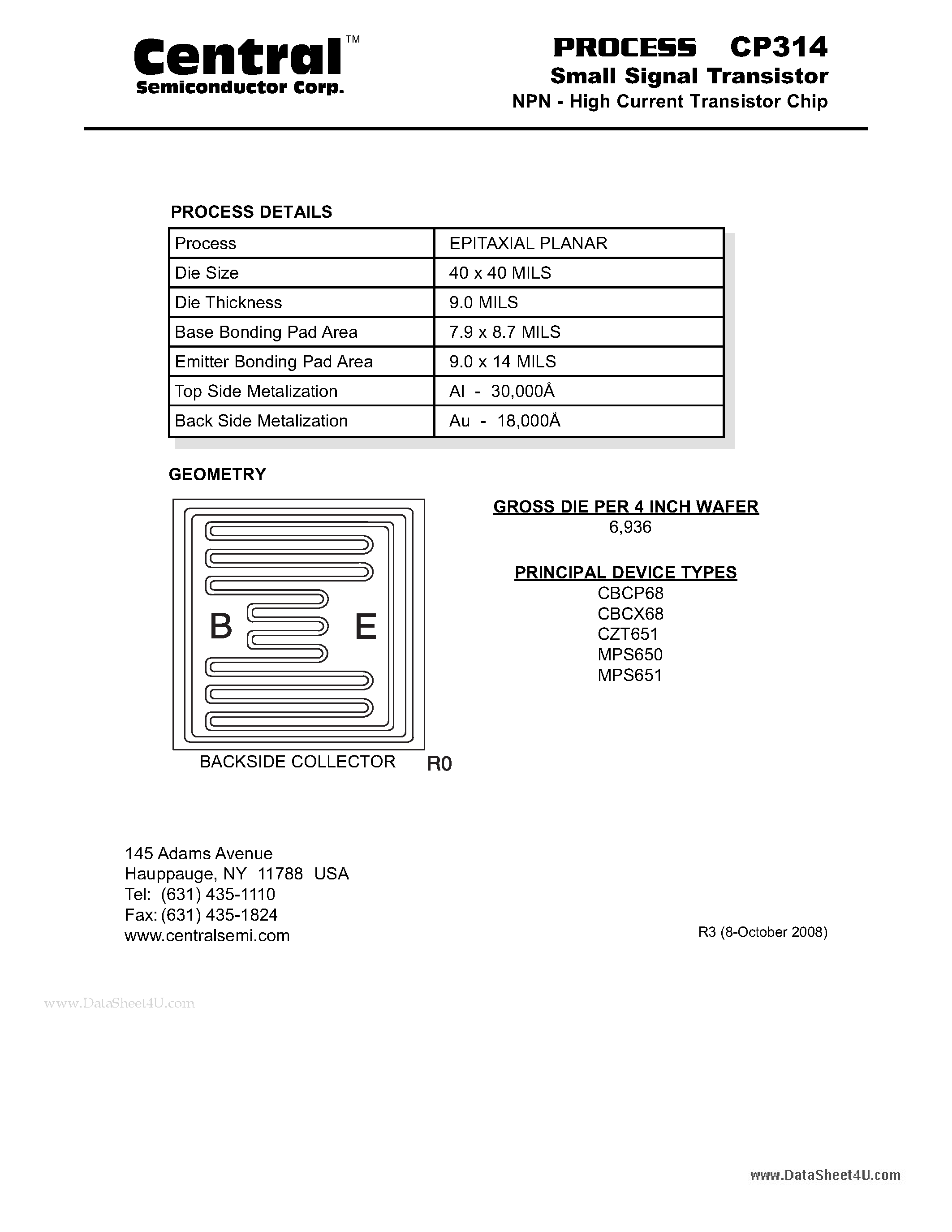 Datasheet CP314 page 1 Datasheet CP314 - Small Signal Transistor NPN - High Current Transistor Chip page 1