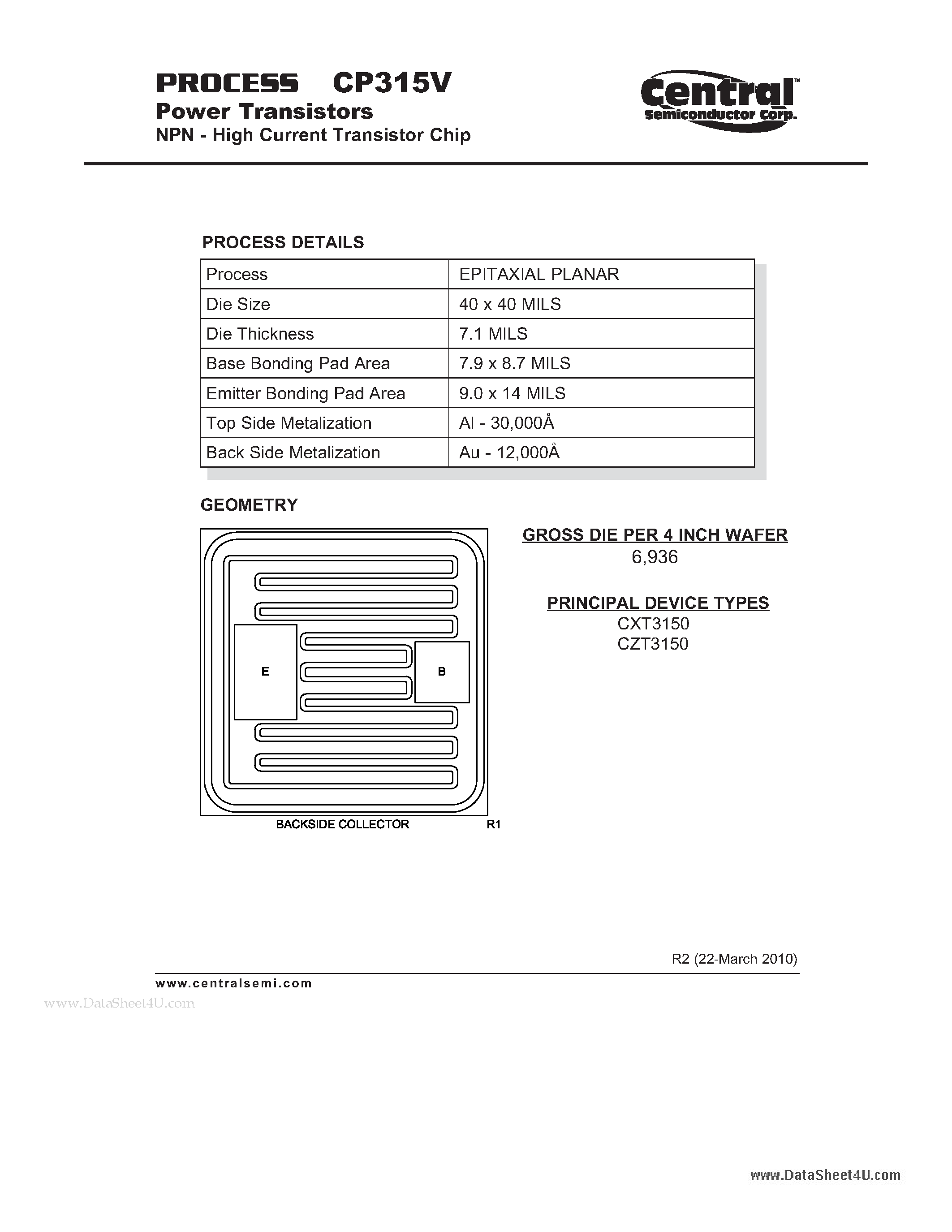 Даташит CP315V - Power Transistors NPN - High Current Transistor Chip страница 1