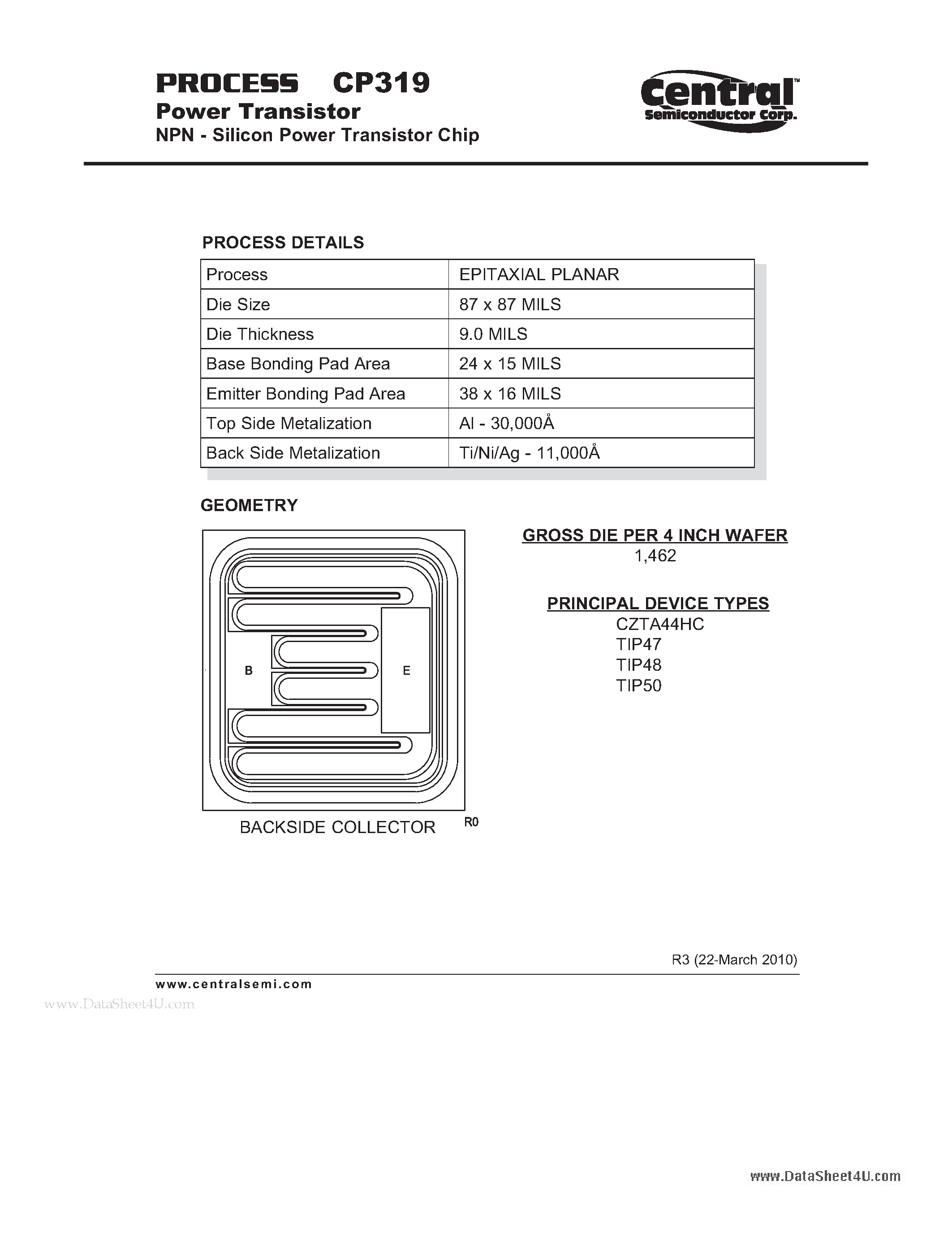 Datasheet CP319 page 1 Datasheet CP319 - Power Transistor NPN - Silicon Power Transistor Chip page 1