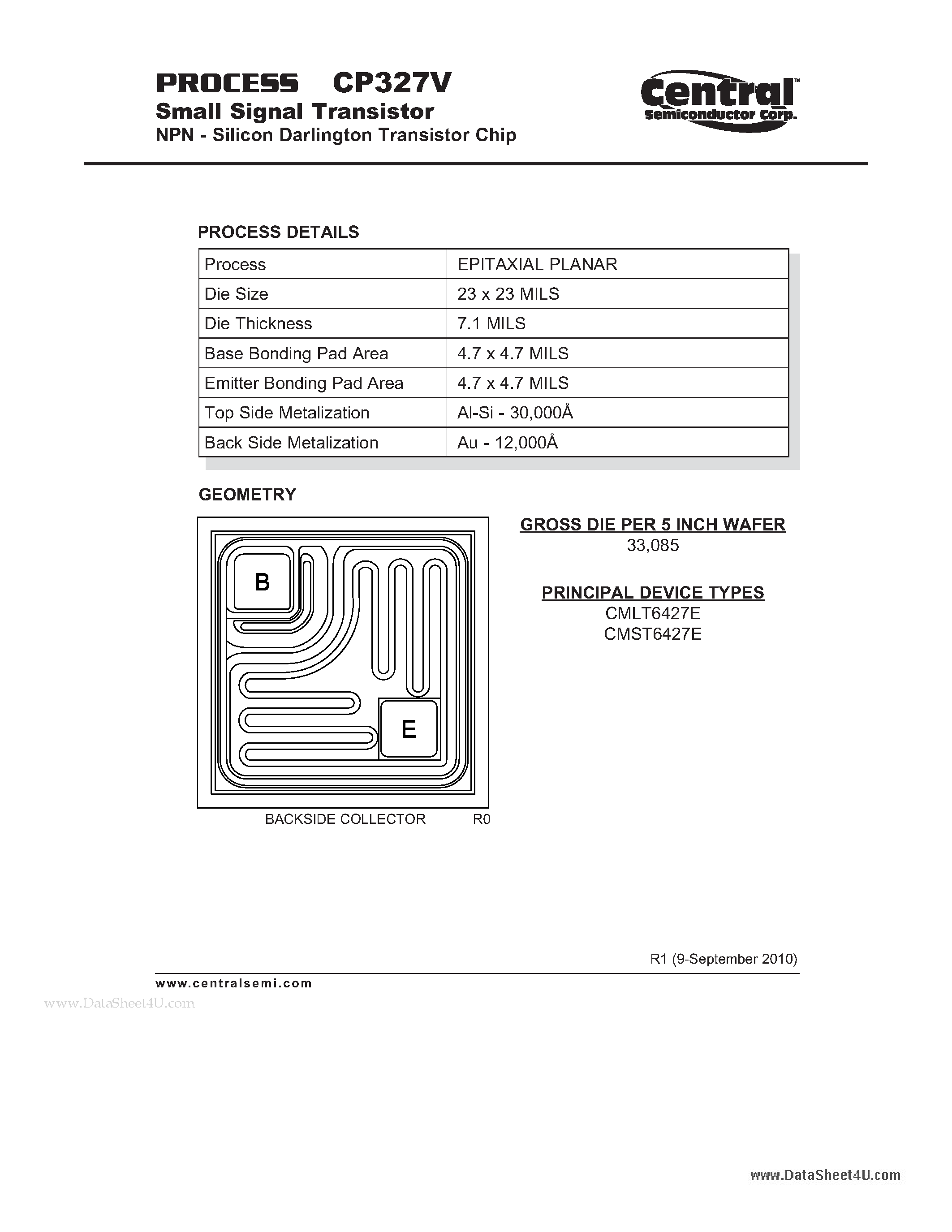 Datasheet CP327V page 1 Datasheet CP327V - Small Signal Transistor NPN - Silicon Darlington Transistor Chip page 1