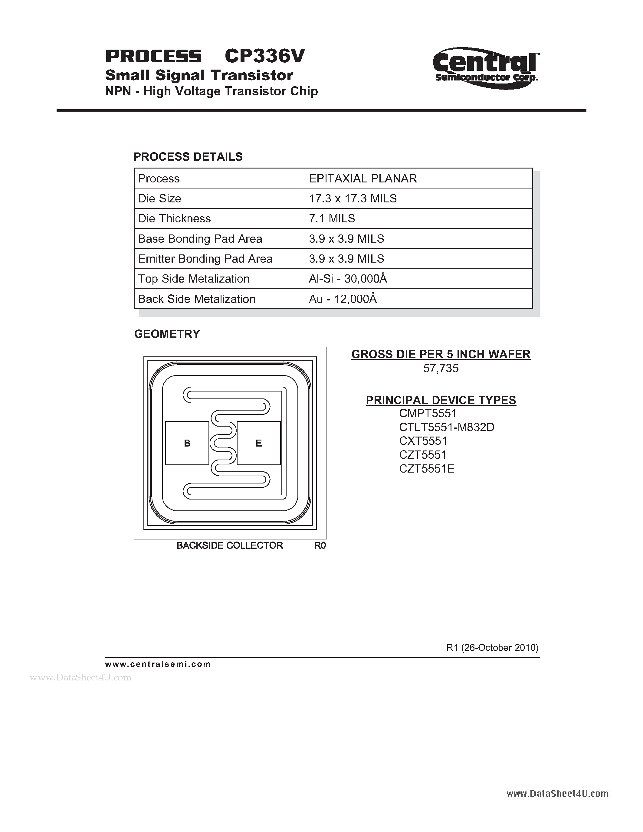 Datasheet CP336V page 1 Datasheet CP336V - Small Signal Transistor NPN - High Voltage Transistor Chip page 1
