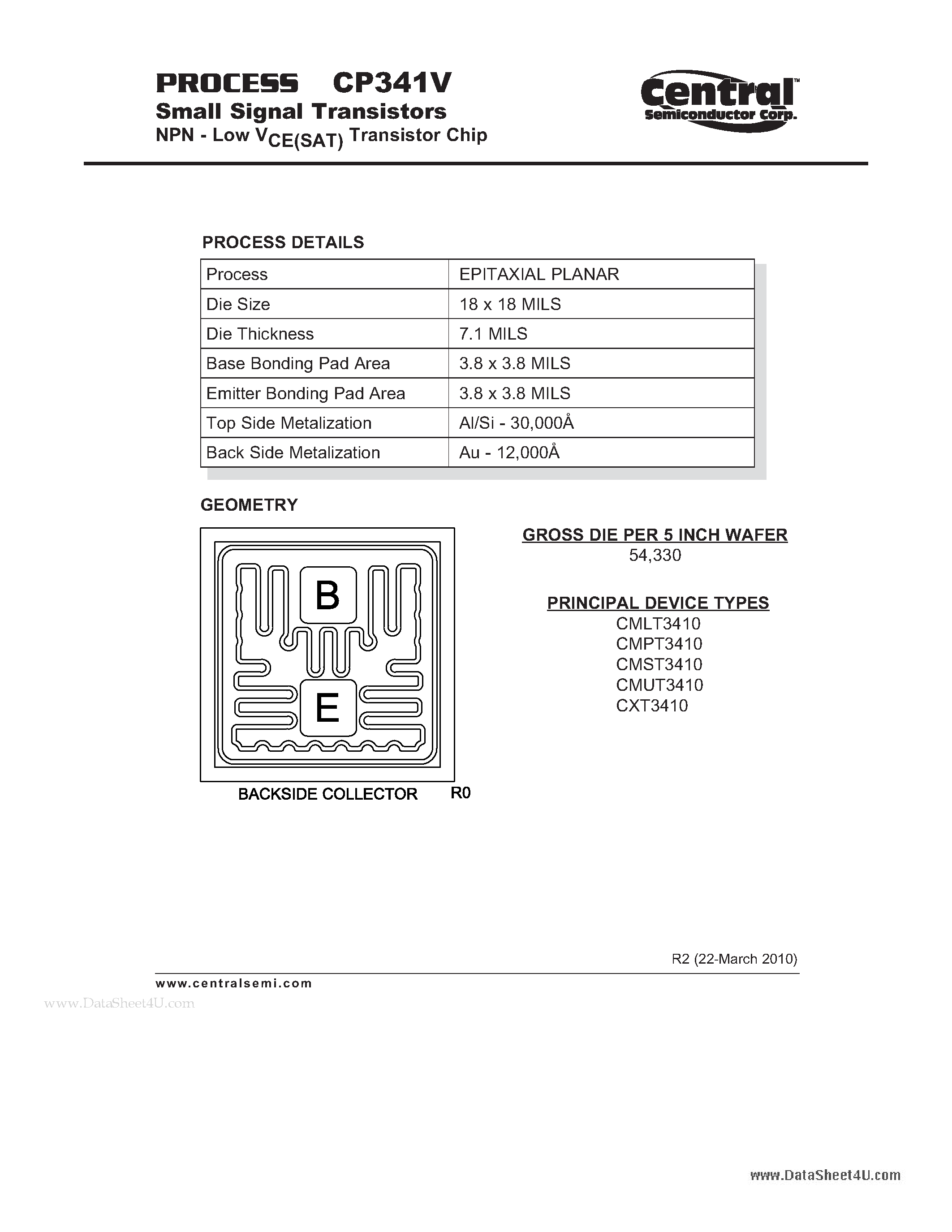Datasheet CP341V - Small Signal Transistors NPN - Low VCE(SAT) Transistor Chip page 1