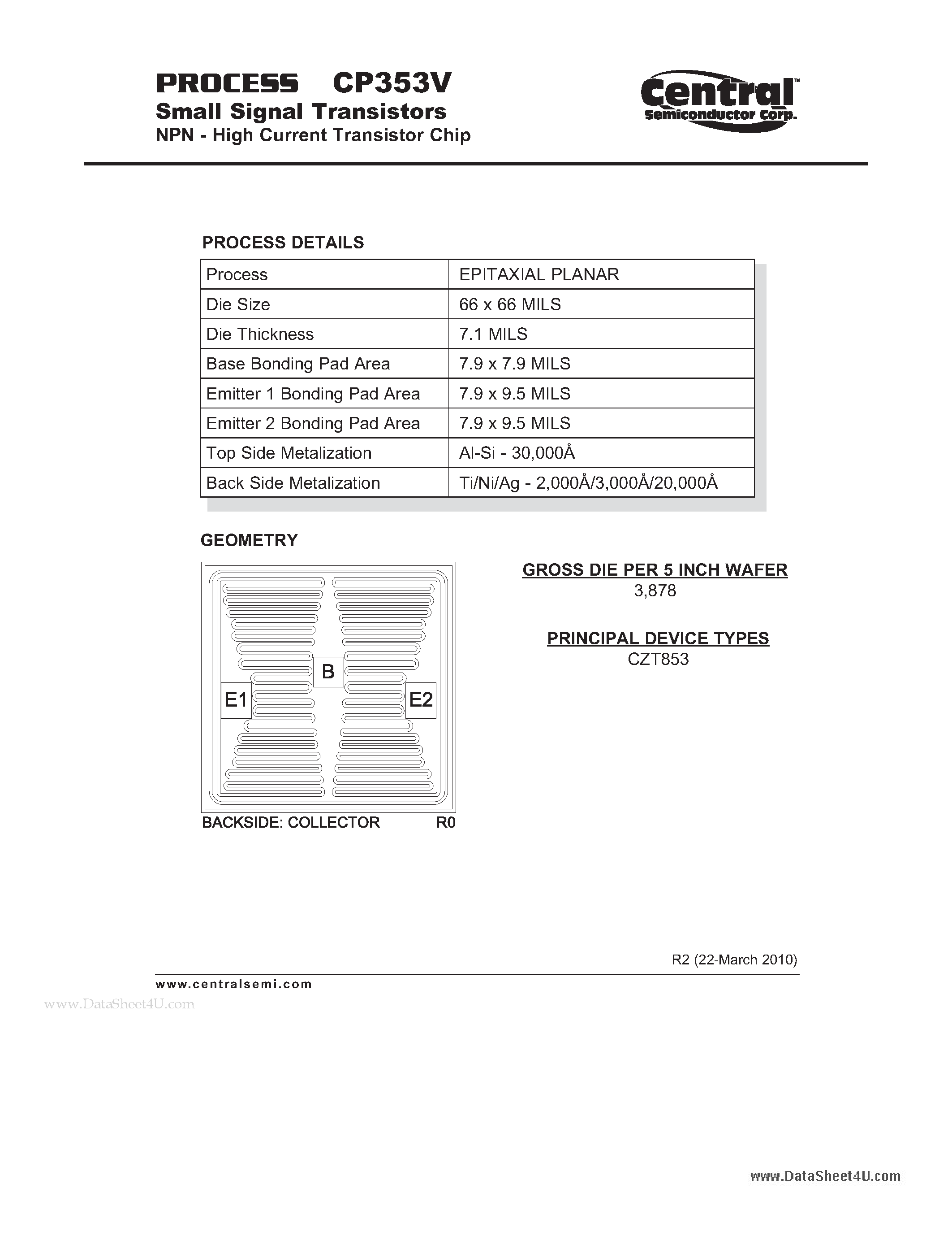 Datasheet CP353V page 1 Datasheet CP353V - Small Signal Transistors NPN - High Current Transistor Chip page 1