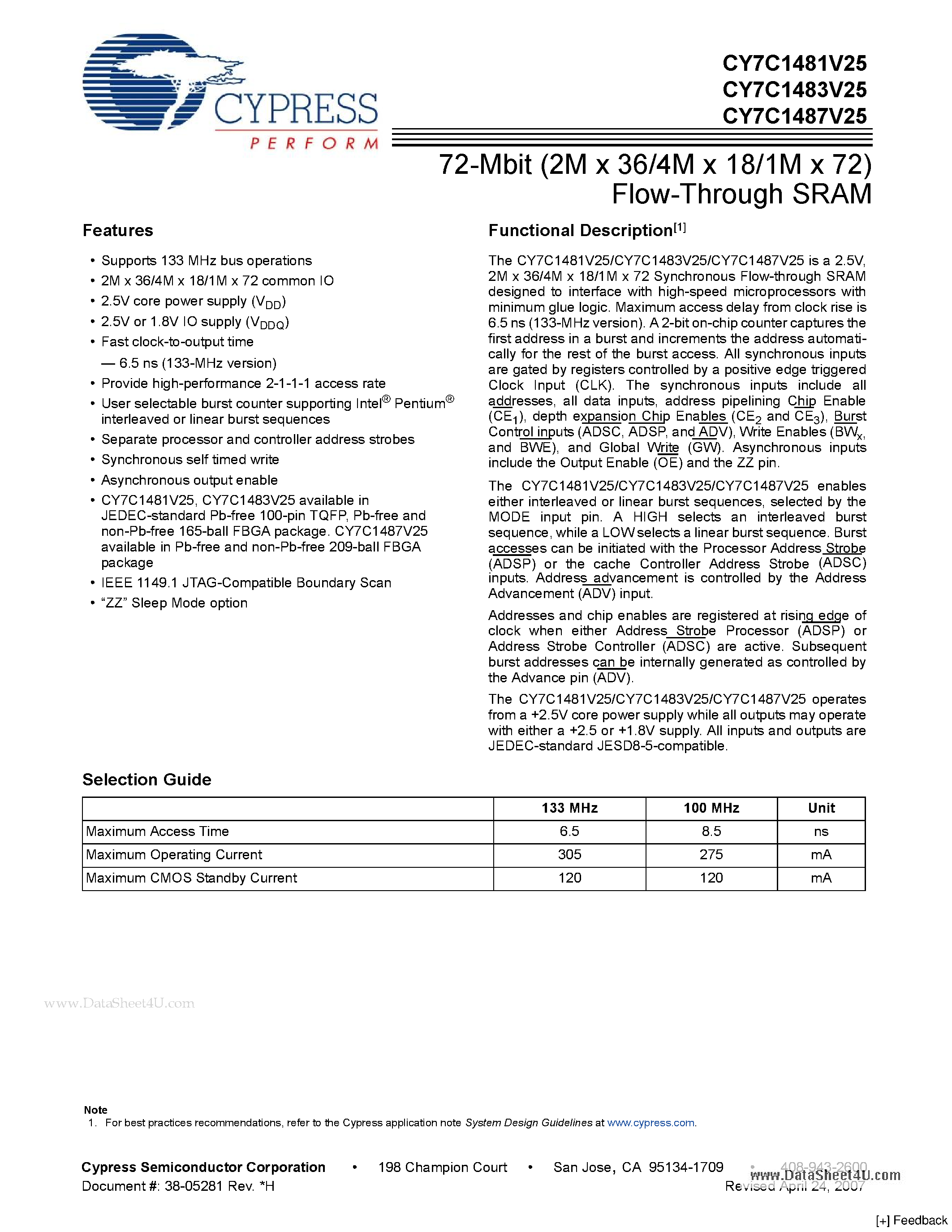 Datasheet CY7C1481V25 - 72-Mbit (2M x 36/4M x 18/1M x 72) Flow-Through SRAM page 1
