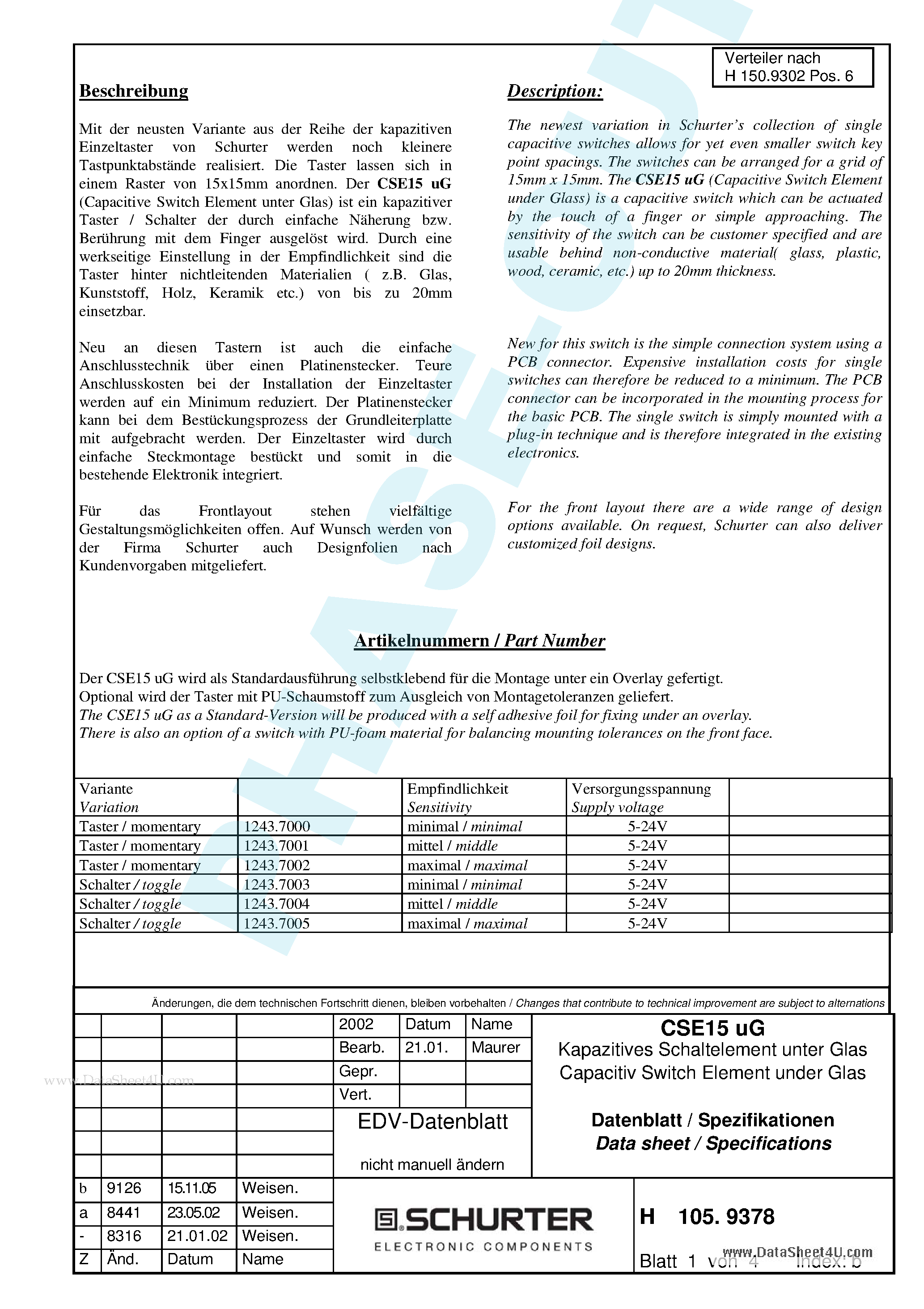 Даташит CSE15UG - Capacitiv Switch Element under Glas страница 1