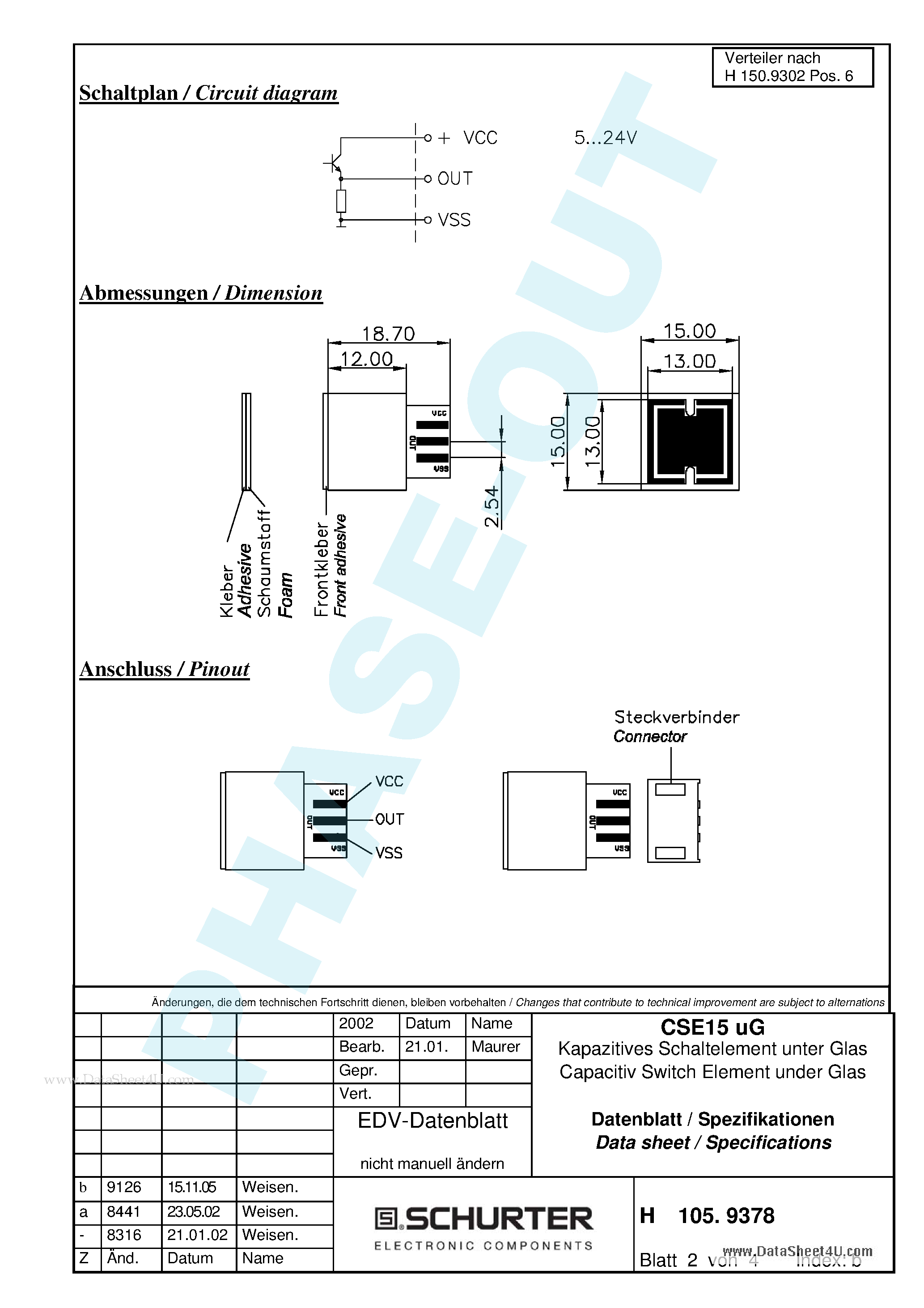 Даташит CSE15UG - Capacitiv Switch Element under Glas страница 2