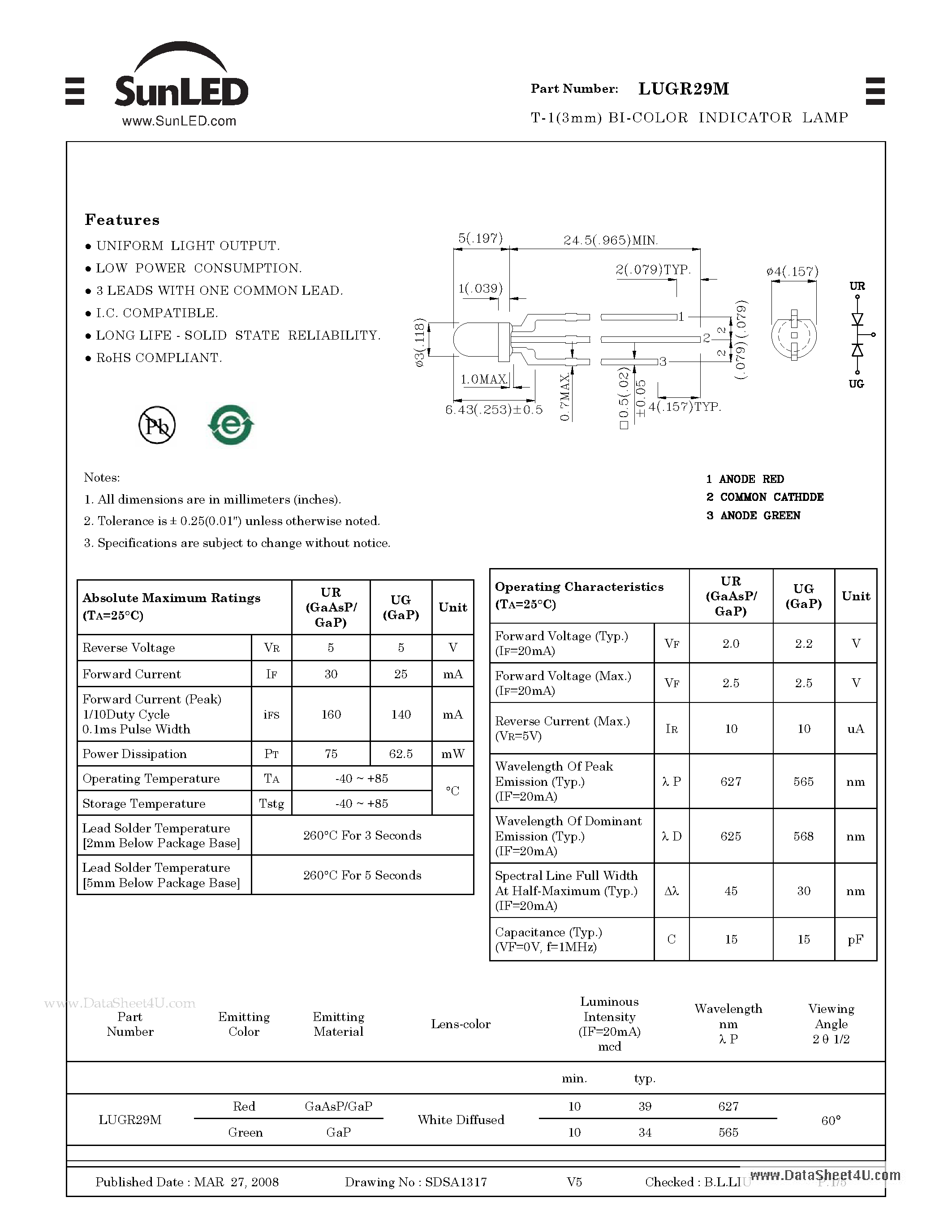 Даташит LUGR29M - T-1(3mm) BI-COLOR INDICATOR LAMP страница 1
