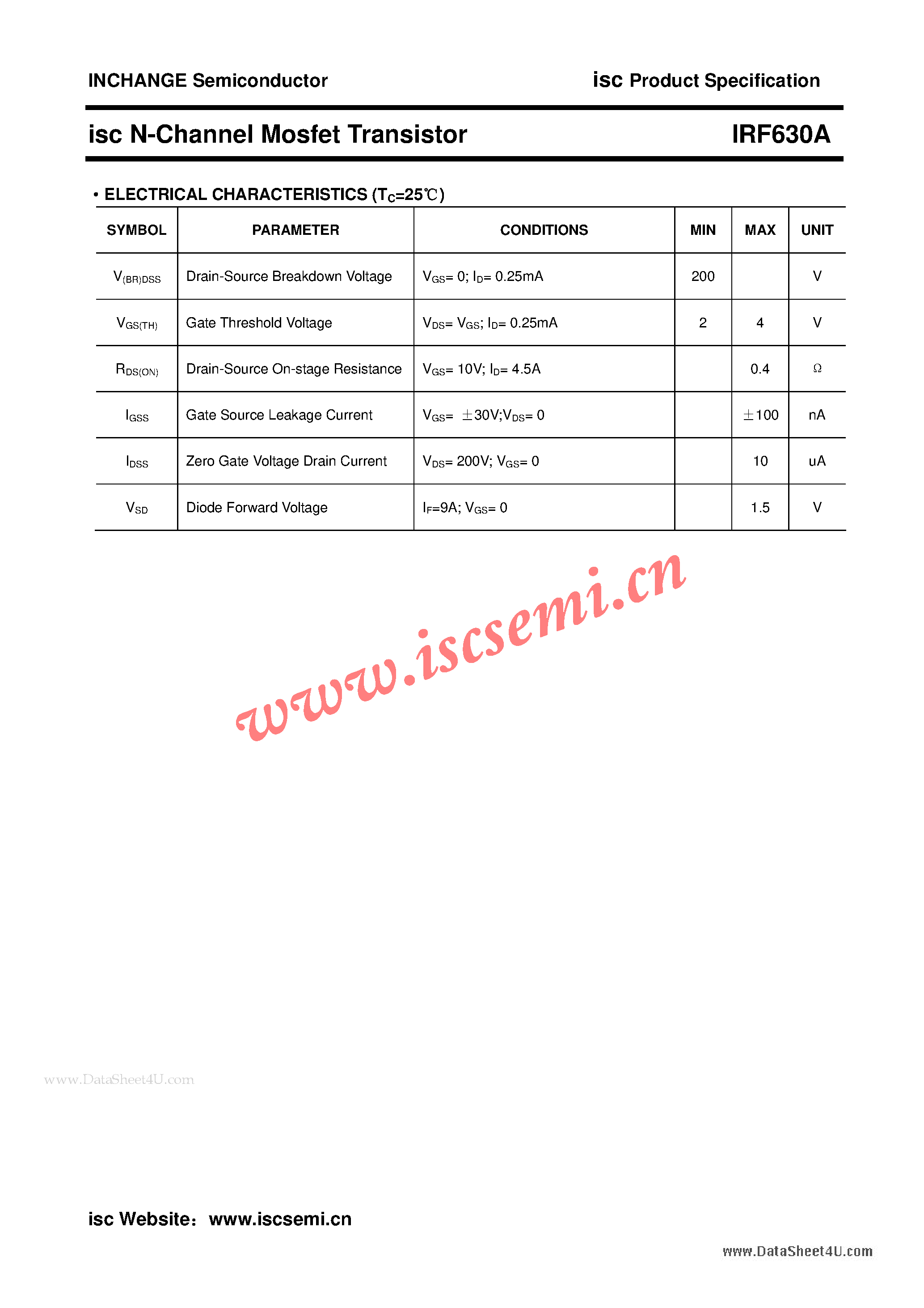 Даташит на микросхему IRF630A страница 2 Даташит IRF630A - N-Channel MOSFET Transistor страница 2