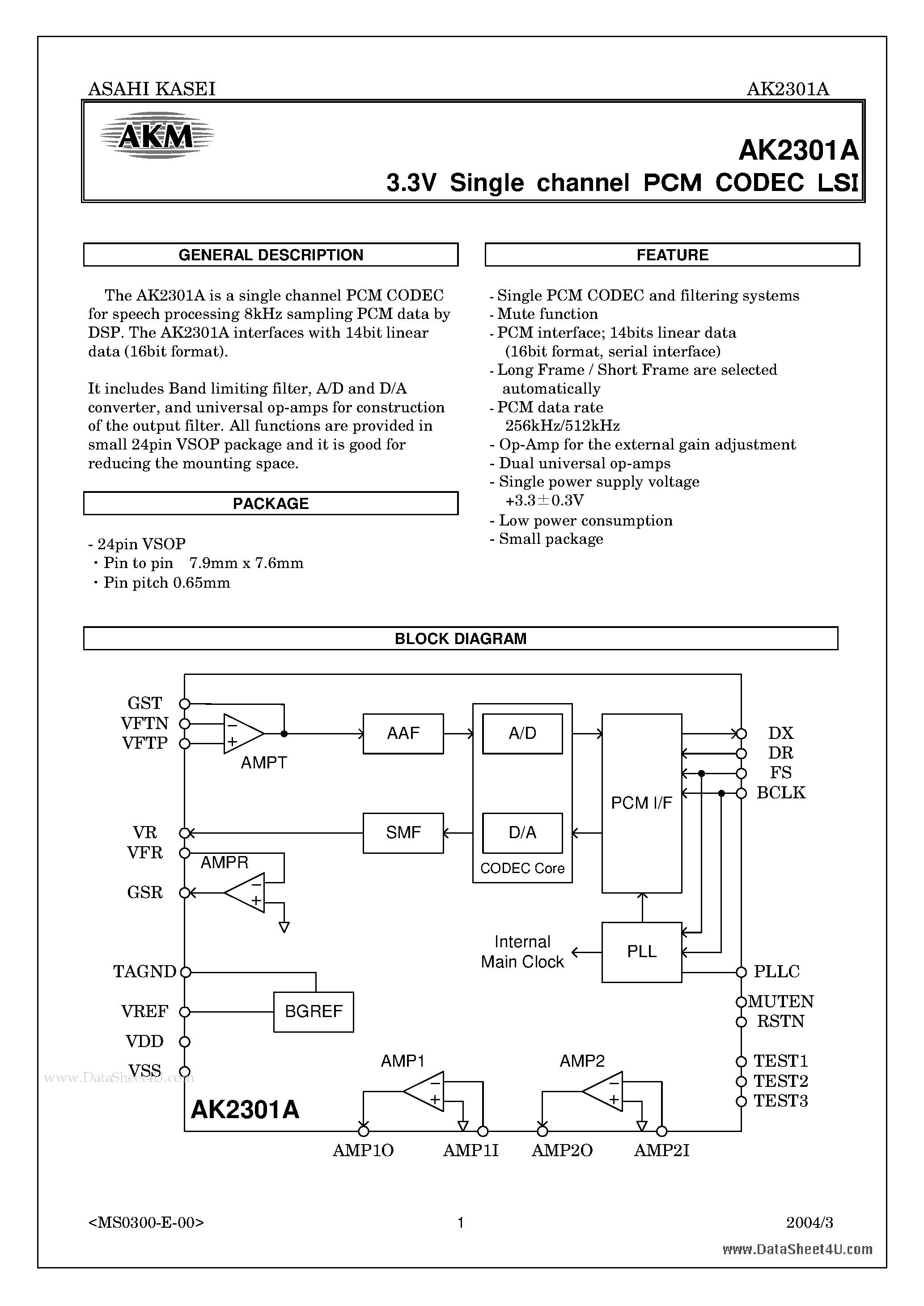 Datasheet AK2301A page 1 Datasheet AK2301A - 3.3V Single channel PCM CODEC LSI page 1
