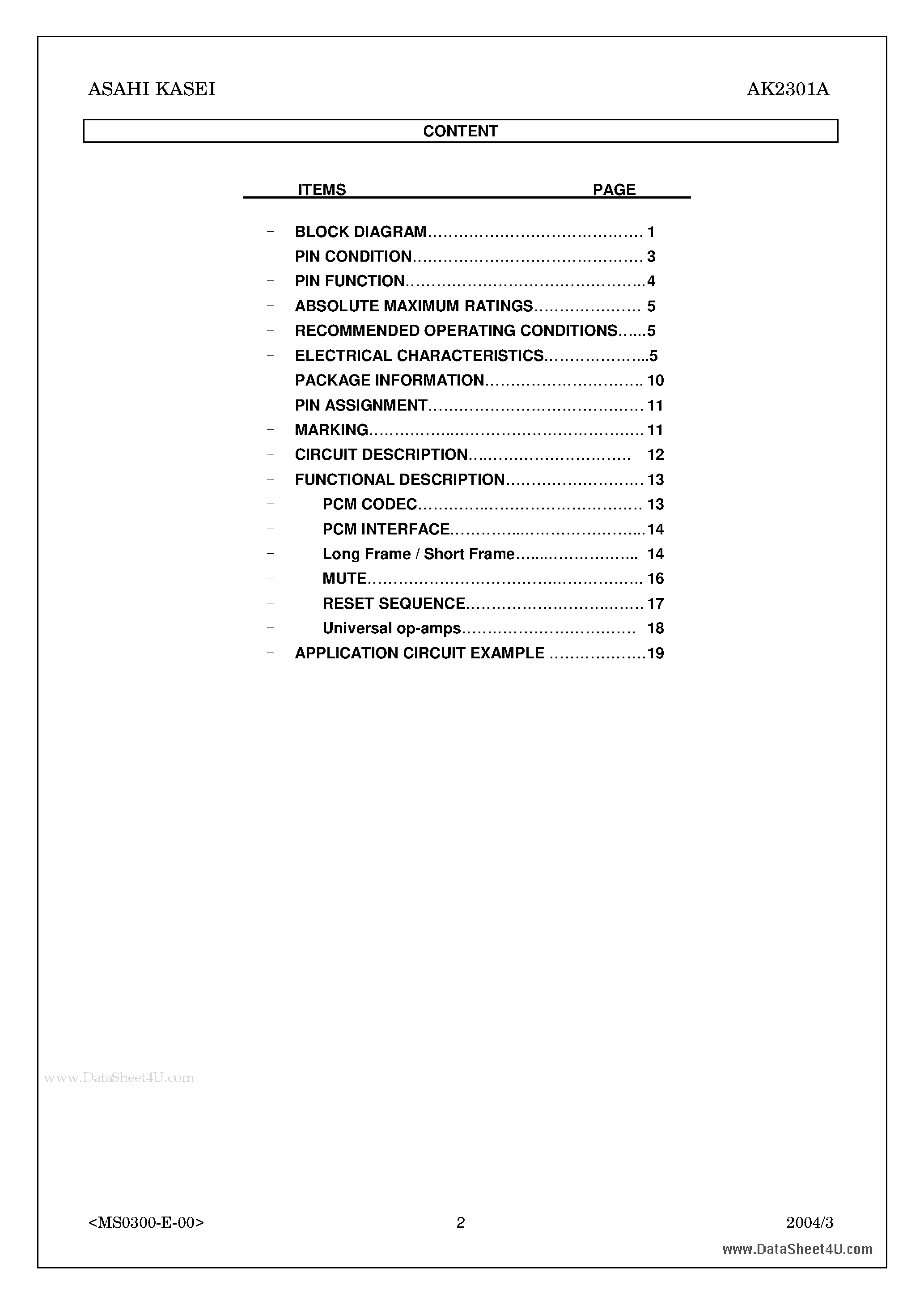 Datasheet AK2301A page 2 Datasheet AK2301A - 3.3V Single channel PCM CODEC LSI page 2