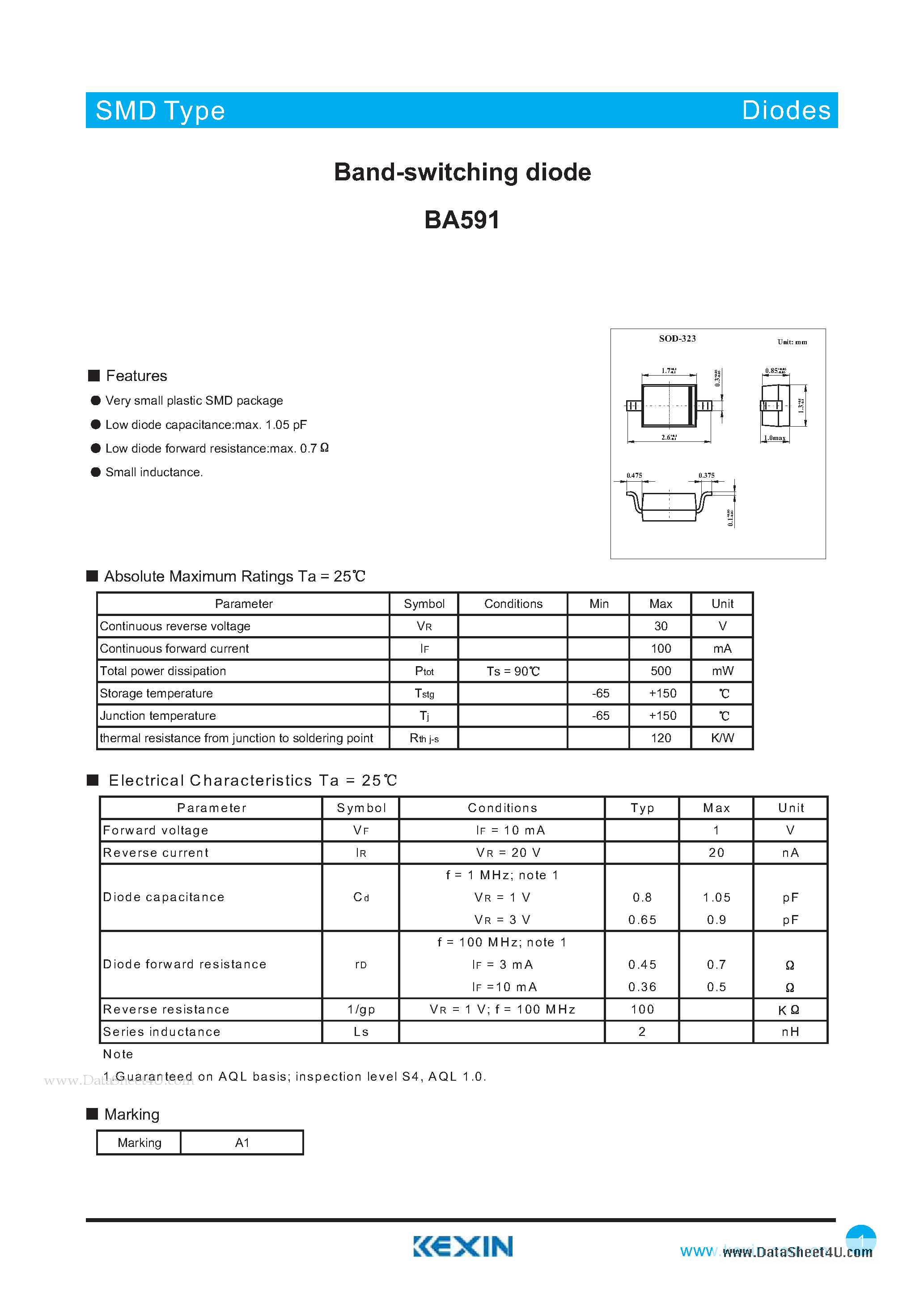 Datasheet BA591 page 1 Datasheet BA591 - Band-switching diode page 1