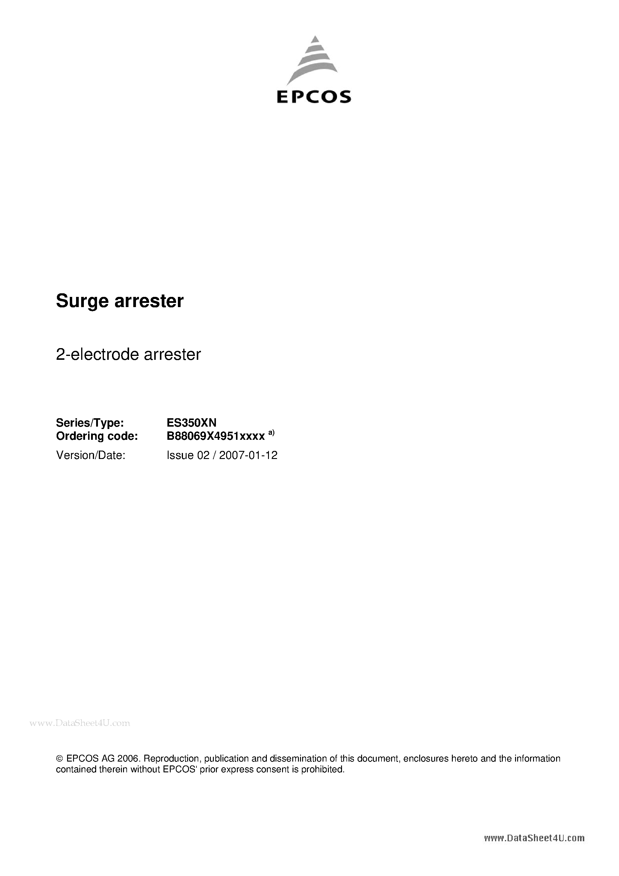 Даташит на микросхему ES350XN страница 1 Даташит ES350XN - Surge arrester 2-electrode arrester страница 1