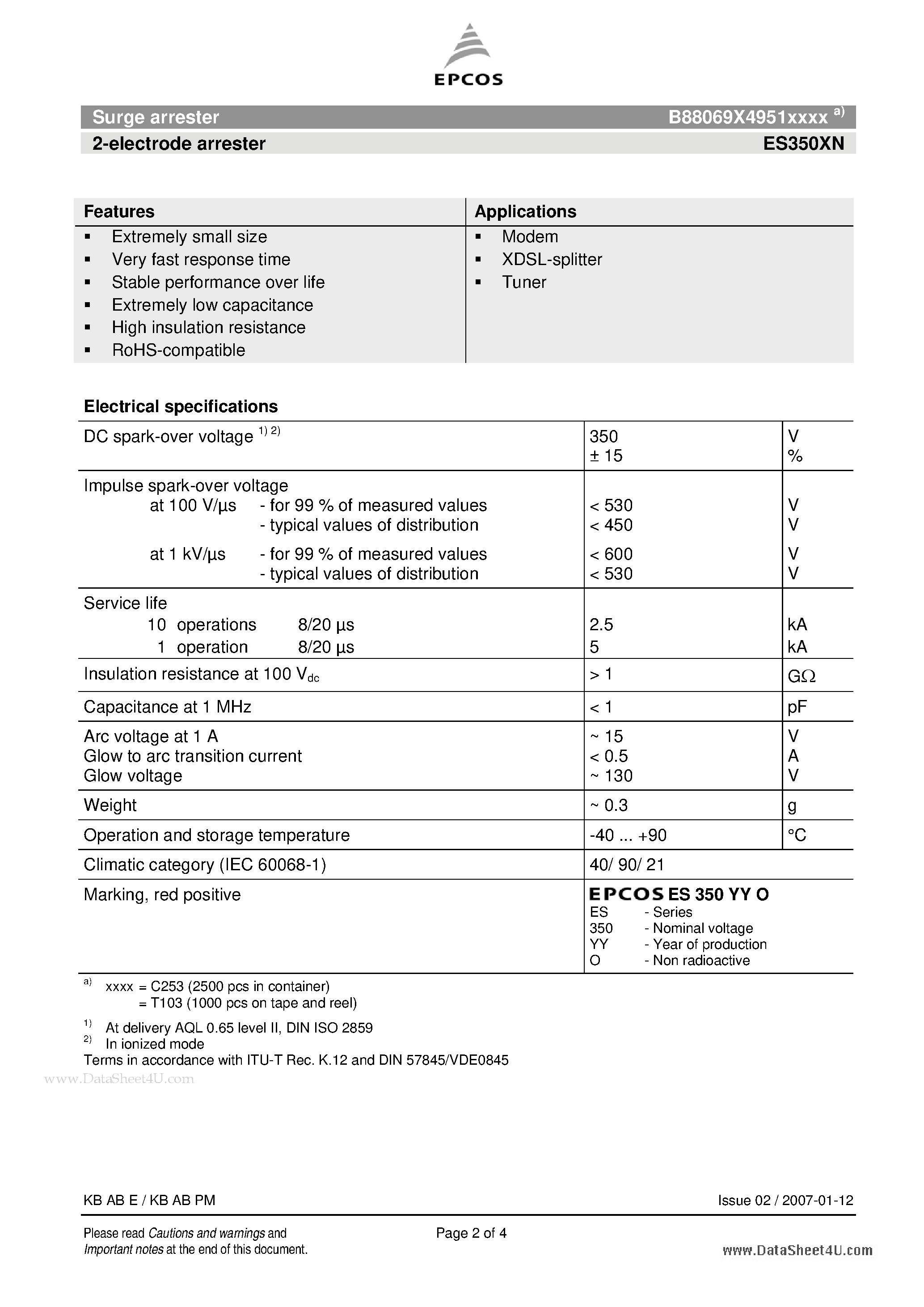 Даташит на микросхему ES350XN страница 2 Даташит ES350XN - Surge arrester 2-electrode arrester страница 2