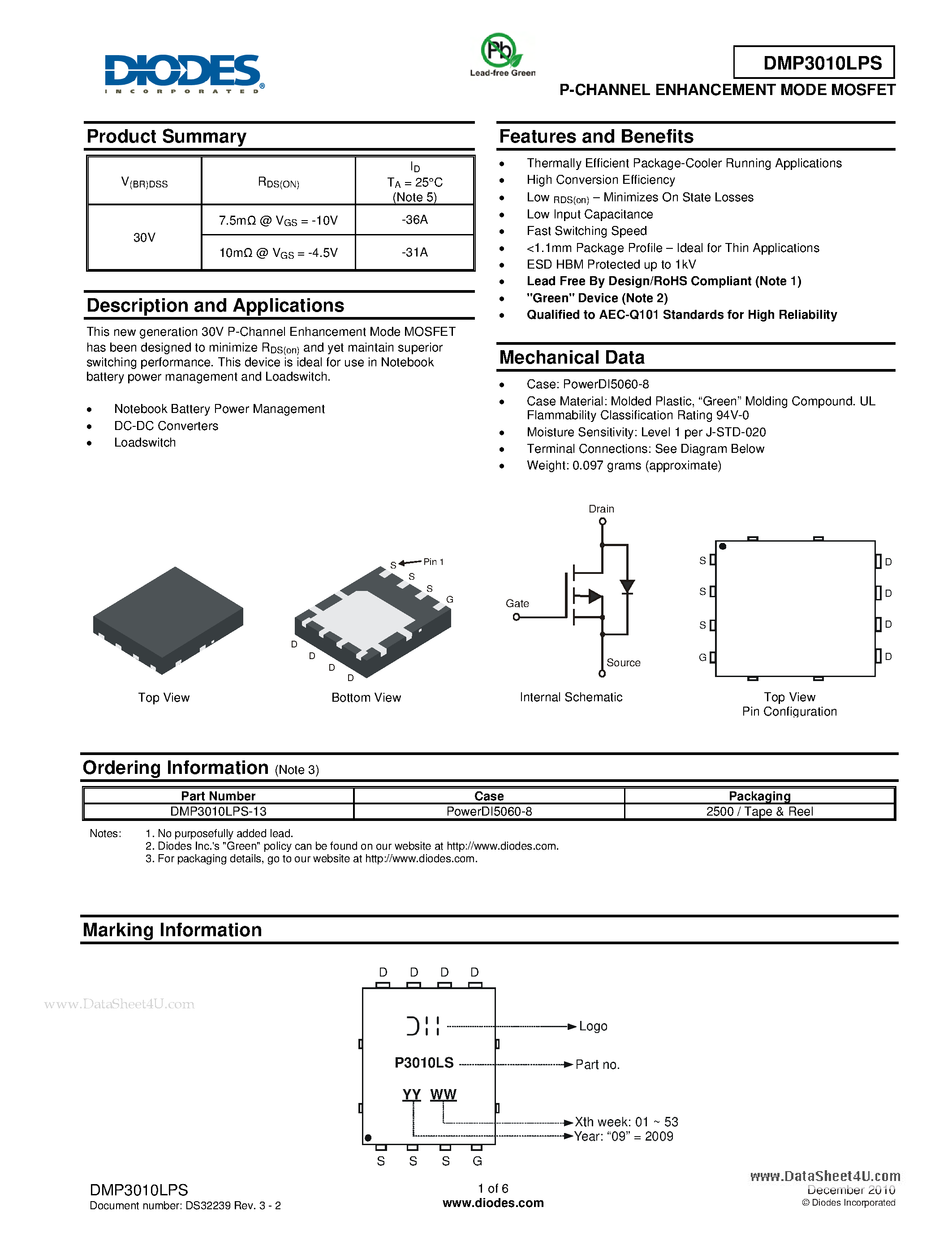 Даташит на микросхему DMP3010LPS страница 1 Даташит DMP3010LPS - P-CHANNEL ENHANCEMENT MODE MOSFET страница 1