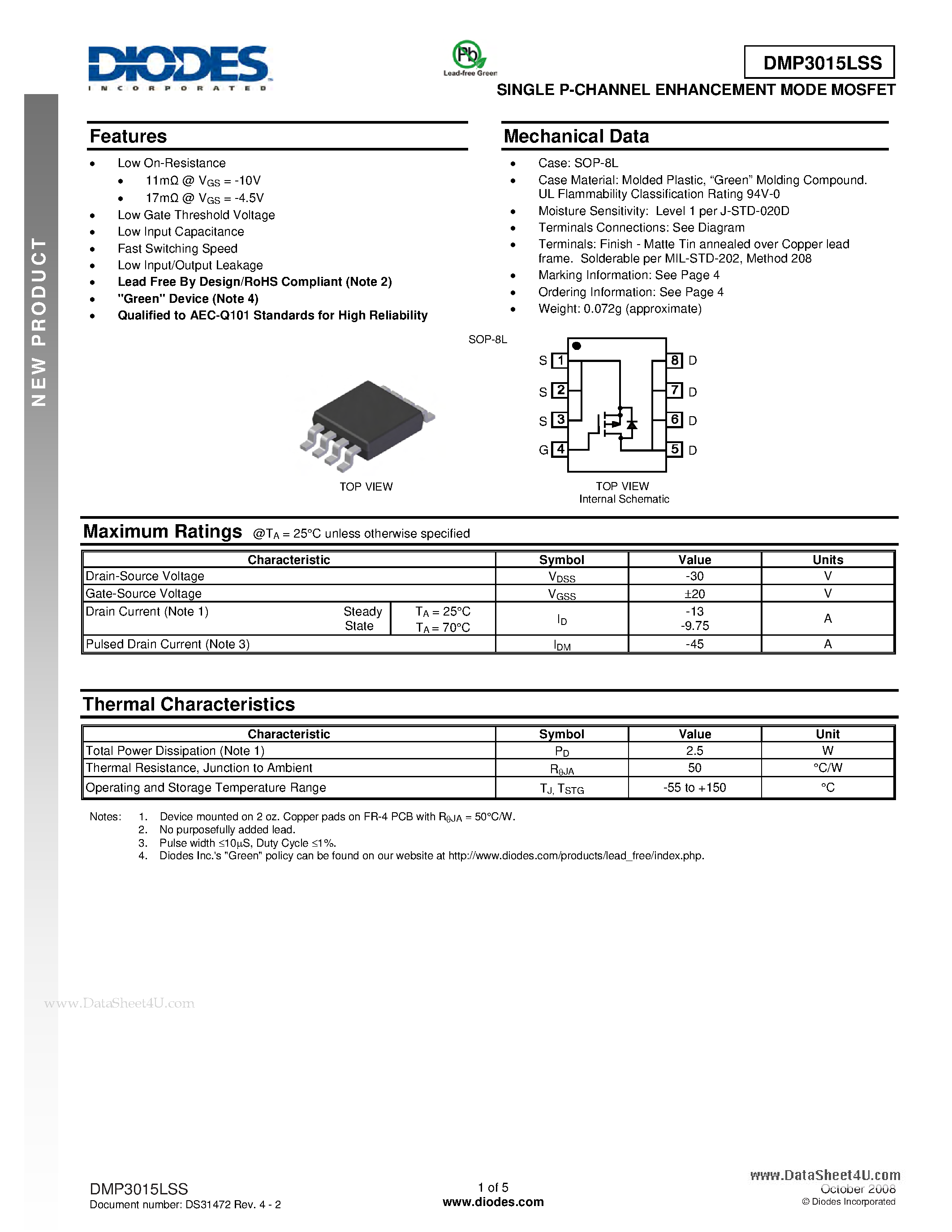 Даташит DMP3015LSS - SINGLE P-CHANNEL ENHANCEMENT MODE MOSFET страница 1